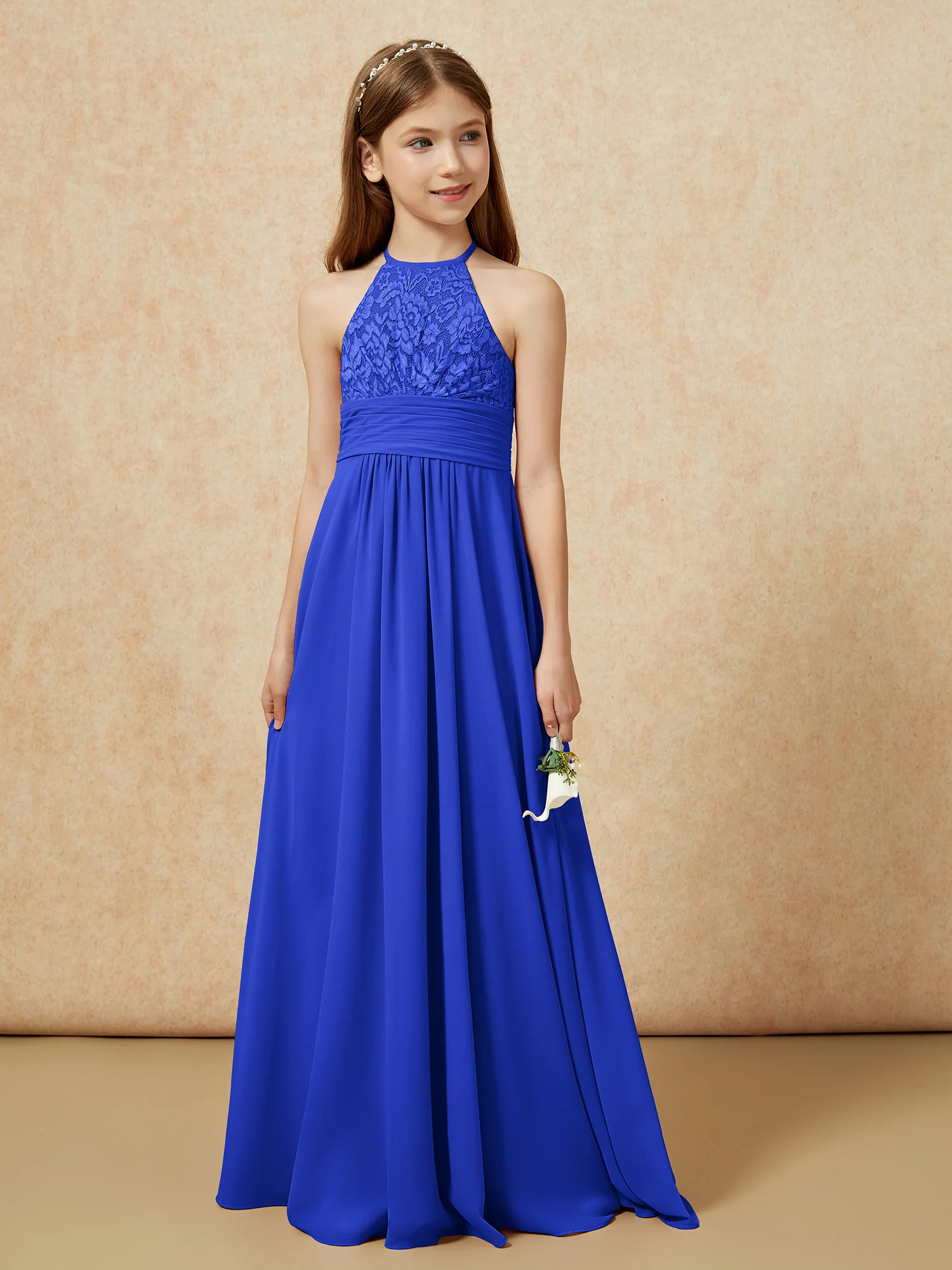 Halter Neck Lace Top Chiffon Junior Bridesmaid Dress Royal Blue - Image 5