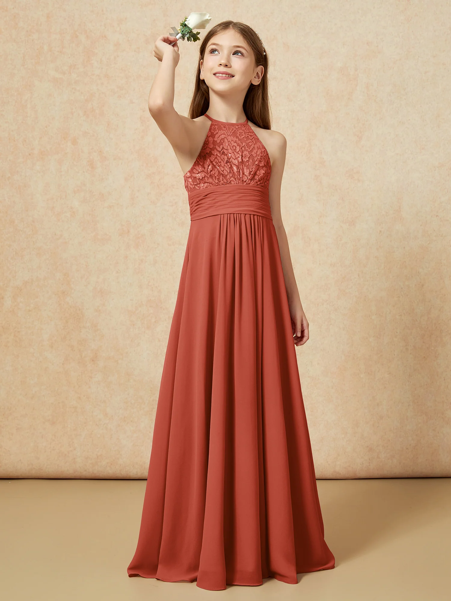 Halter Neck Lace Top Chiffon Junior Bridesmaid Dress Rust