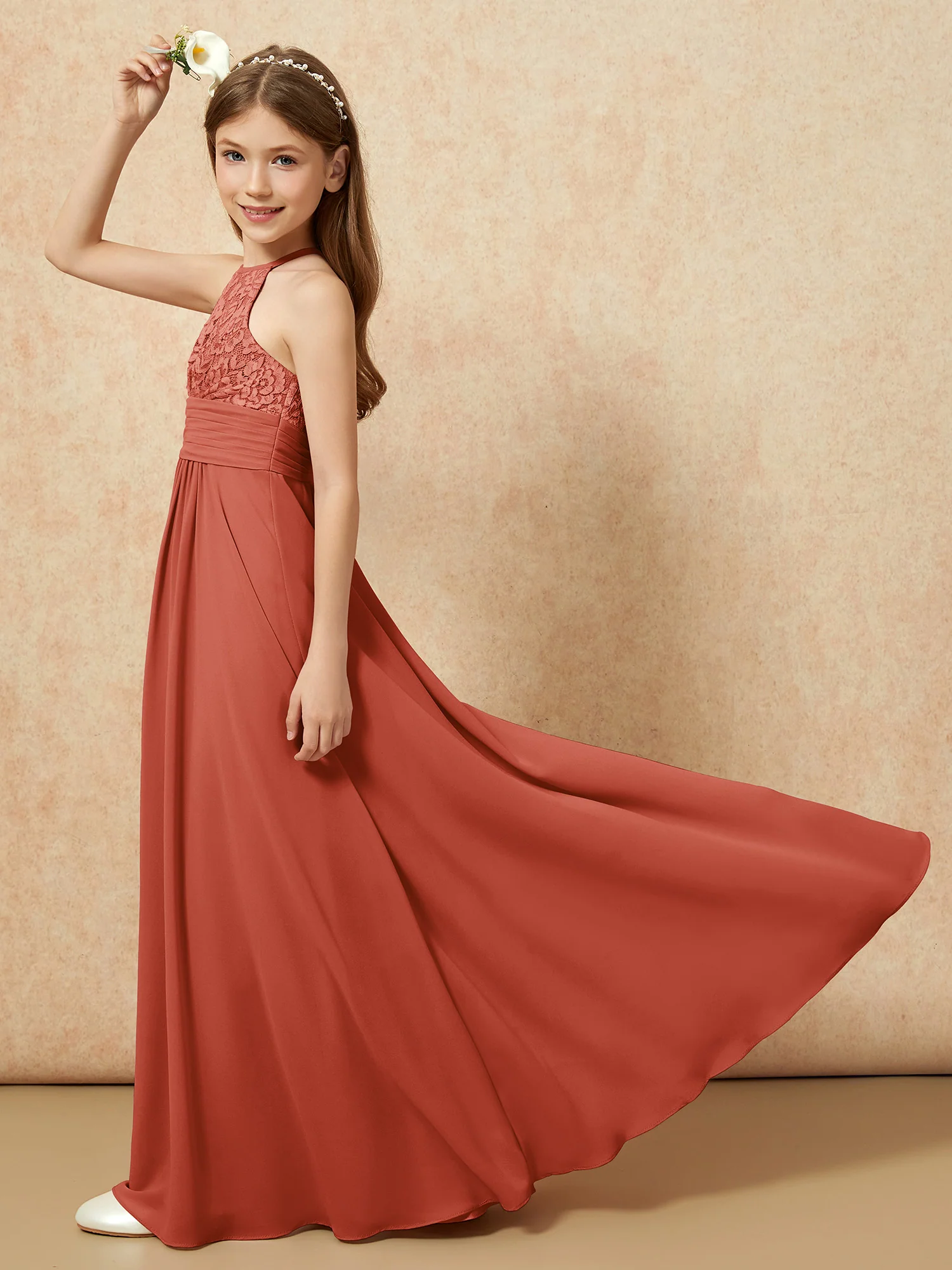 Halter Neck Lace Top Chiffon Junior Bridesmaid Dress Rust - Image 6