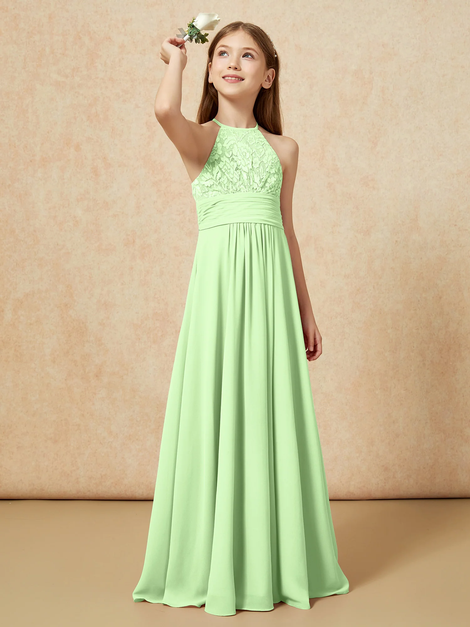 Halter Neck Lace Top Chiffon Junior Bridesmaid Dress Sage
