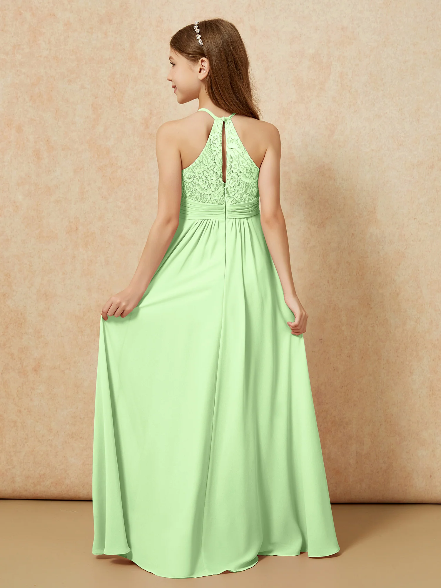 Halter Neck Lace Top Chiffon Junior Bridesmaid Dress Sage - Image 2