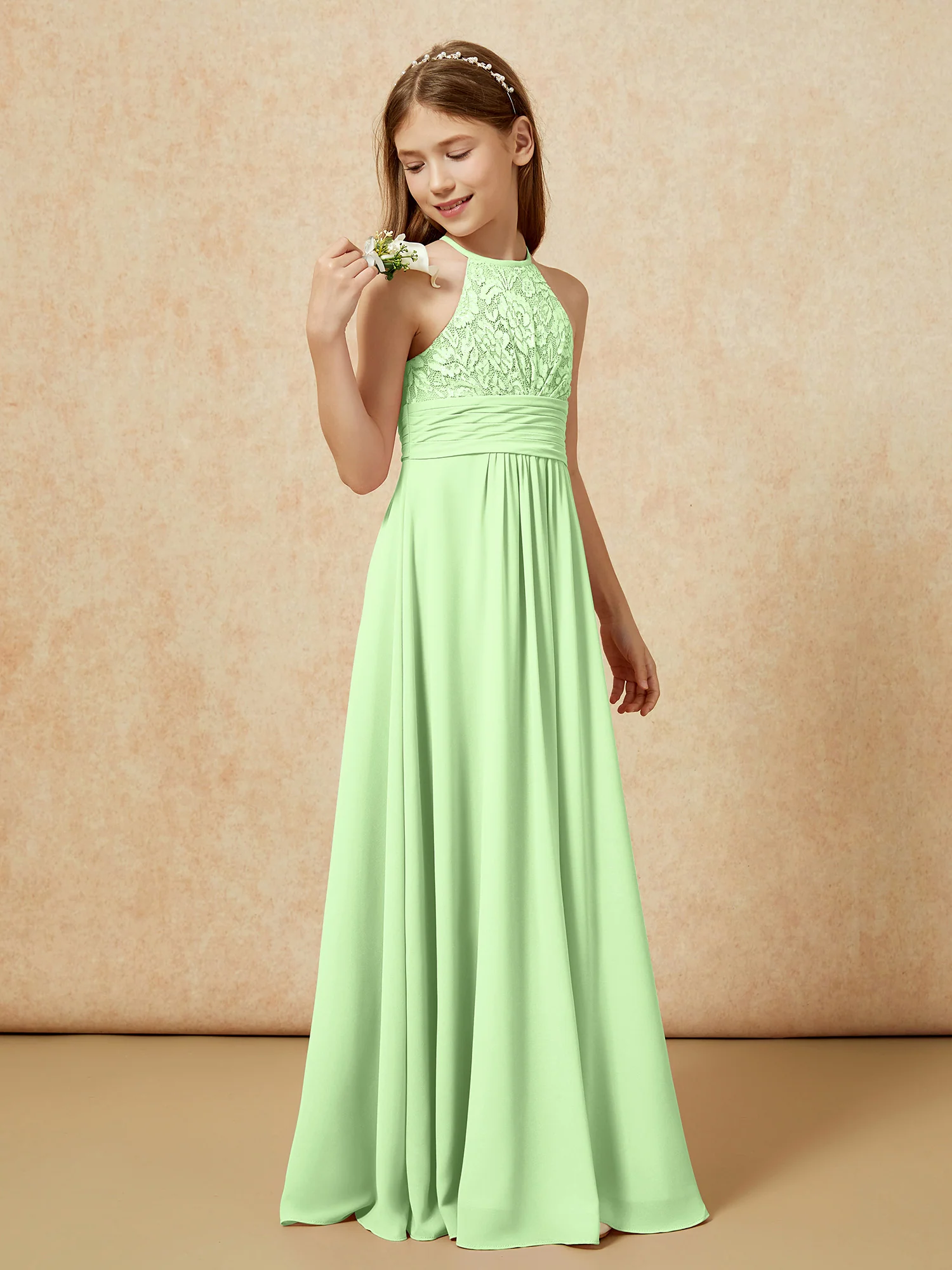 Halter Neck Lace Top Chiffon Junior Bridesmaid Dress Sage - Image 3