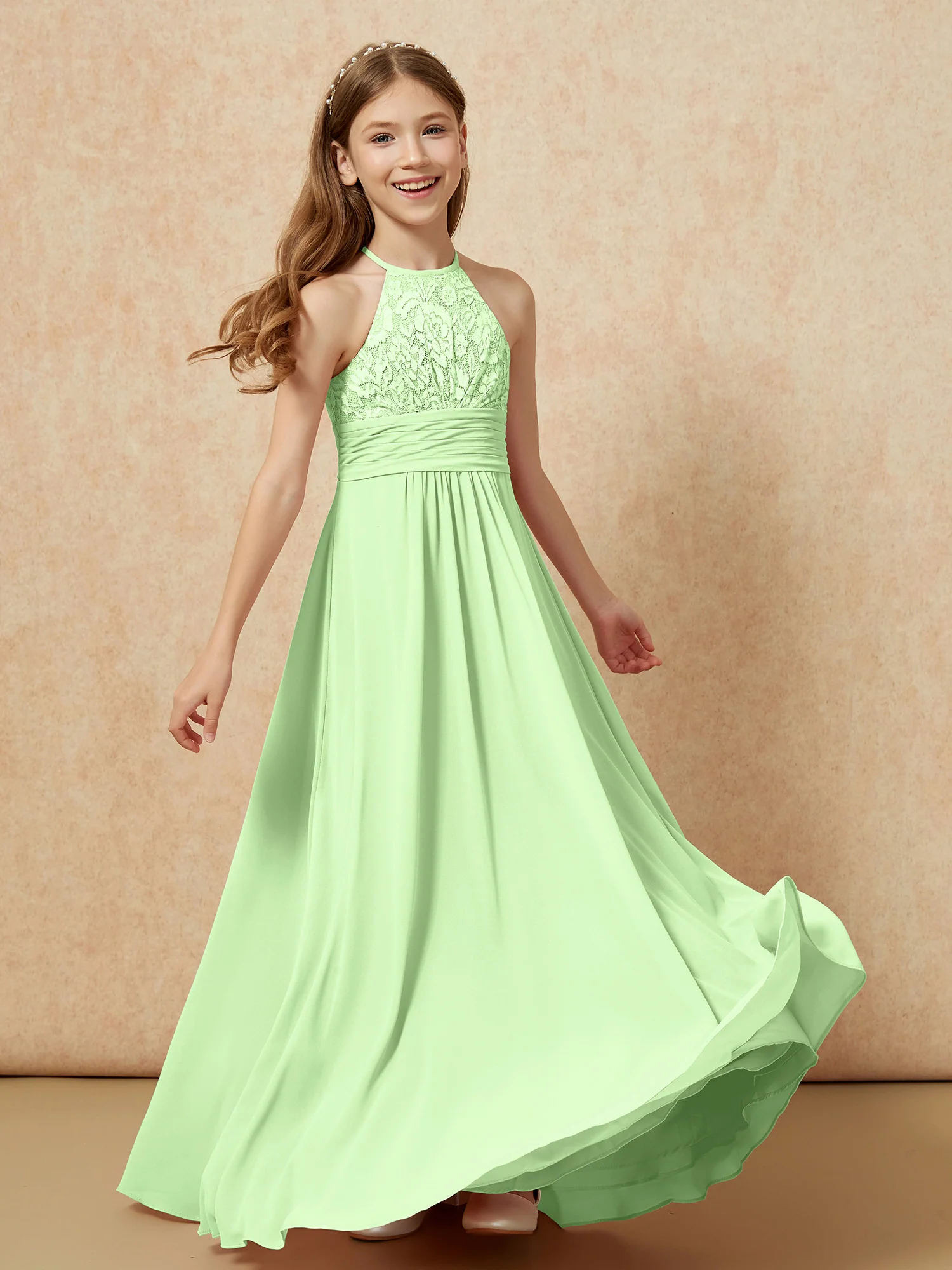 Halter Neck Lace Top Chiffon Junior Bridesmaid Dress Sage - Image 4