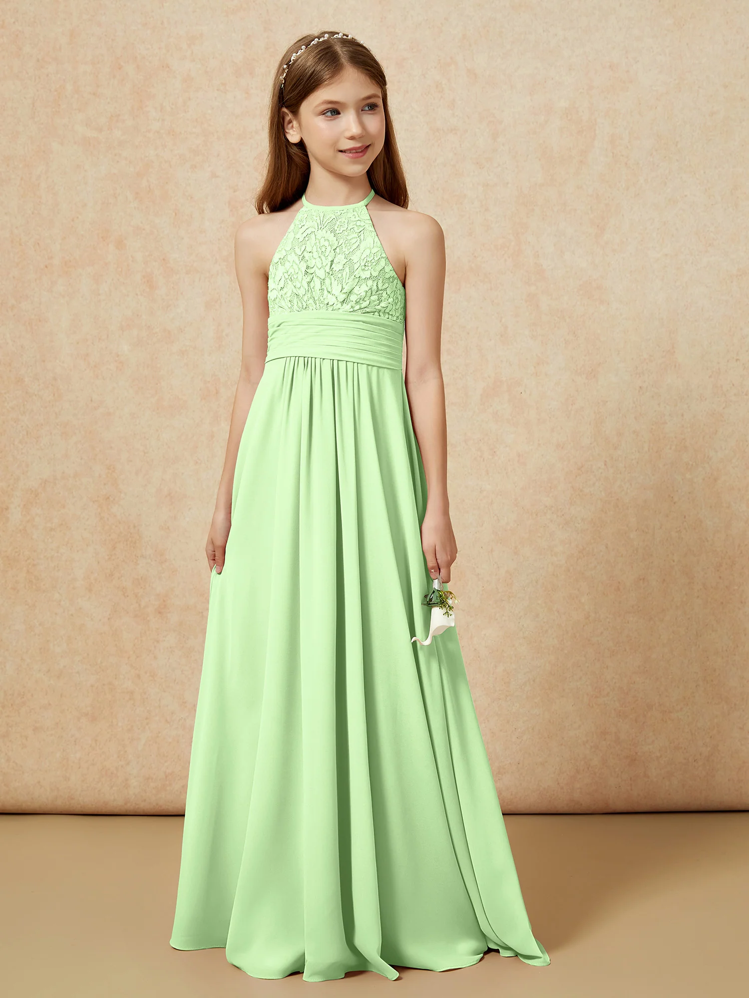 Halter Neck Lace Top Chiffon Junior Bridesmaid Dress Sage - Image 5
