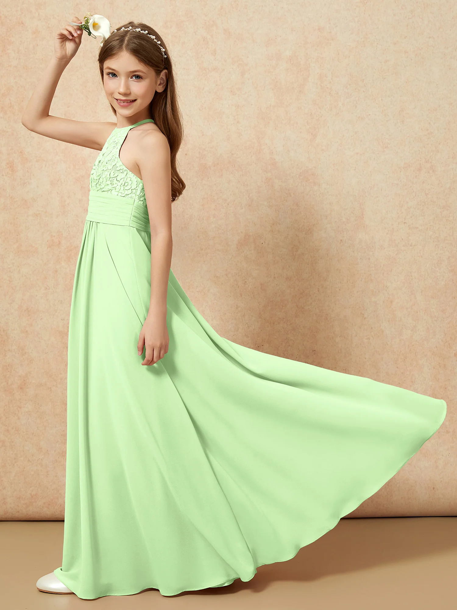 Halter Neck Lace Top Chiffon Junior Bridesmaid Dress Sage - Image 6