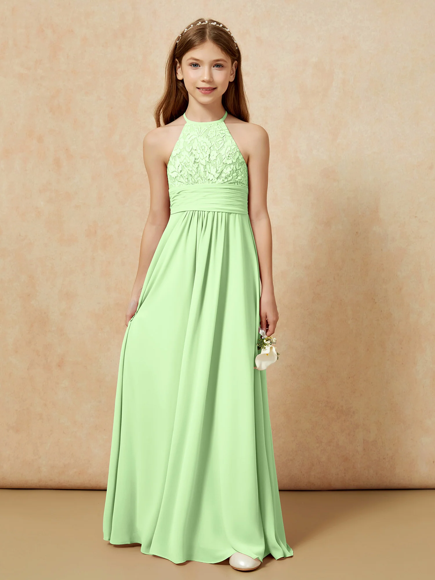 Halter Neck Lace Top Chiffon Junior Bridesmaid Dress Sage - Image 7