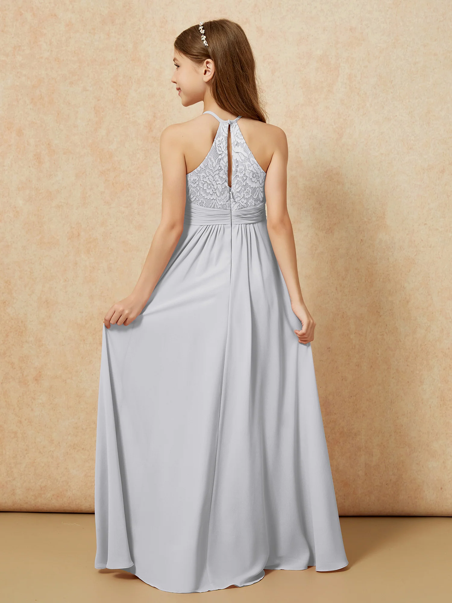 Halter Neck Lace Top Chiffon Junior Bridesmaid Dress Silver - Image 2