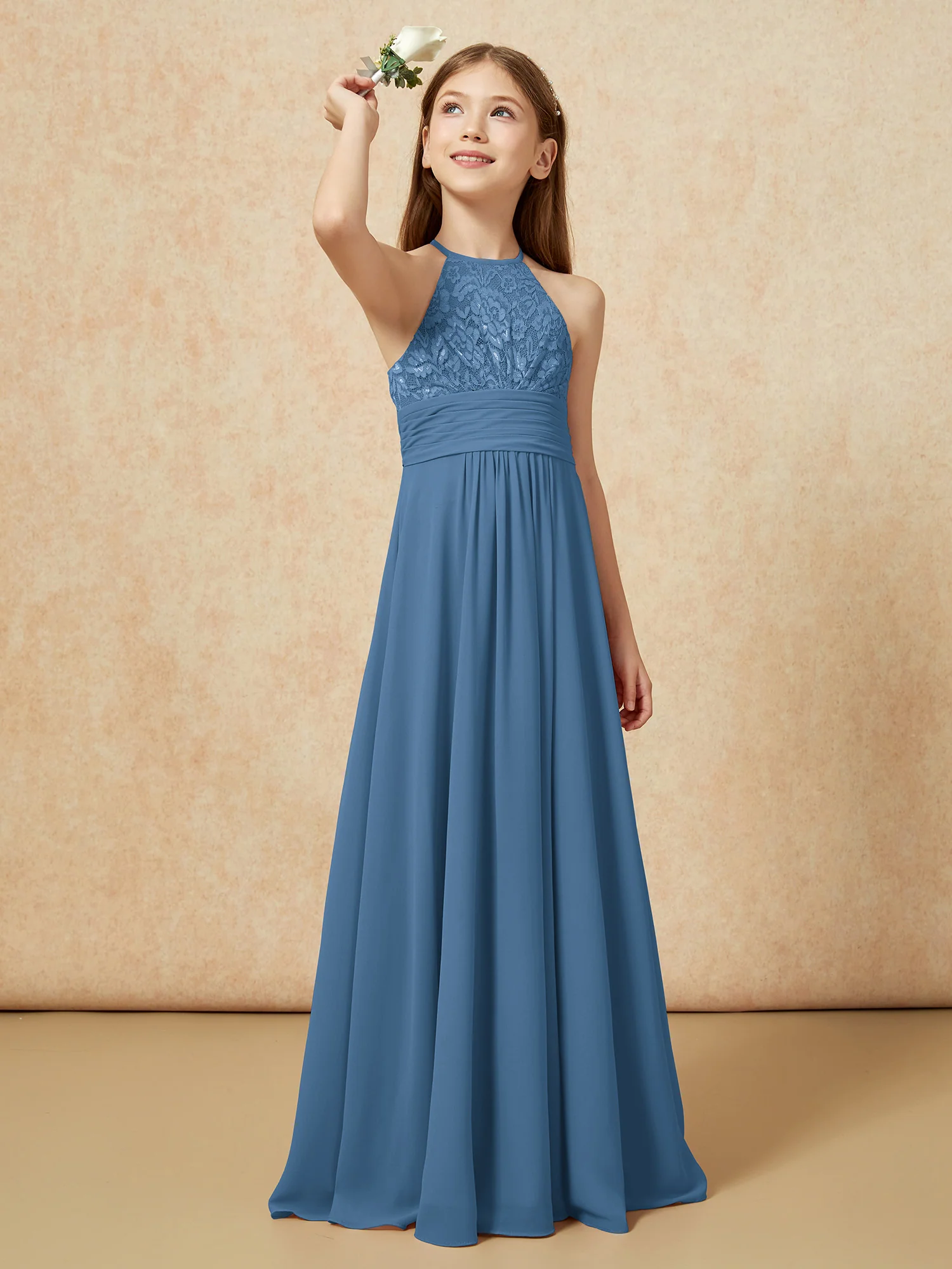 Halter Neck Lace Top Chiffon Junior Bridesmaid Dress Slate Blue