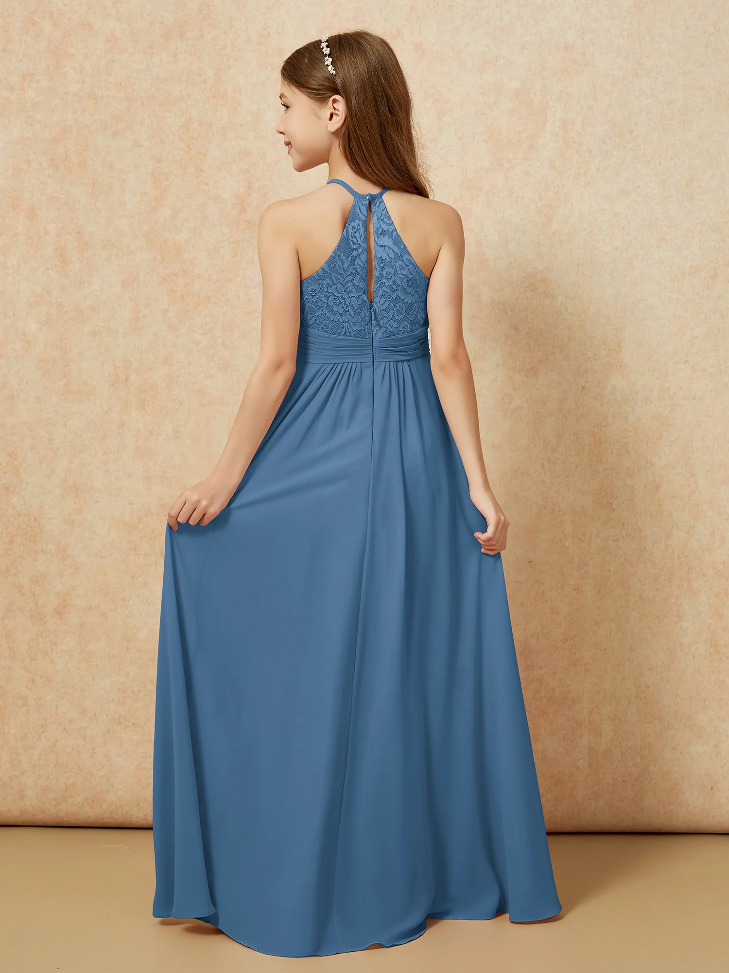 Halter Neck Lace Top Chiffon Junior Bridesmaid Dress Slate Blue - Image 2