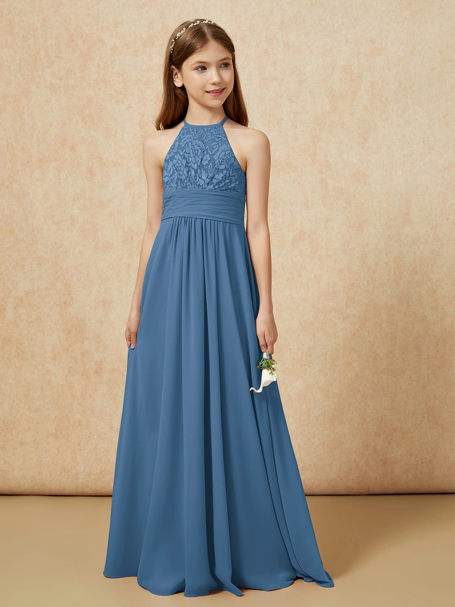 Halter Neck Lace Top Chiffon Junior Bridesmaid Dress Slate Blue - Image 5