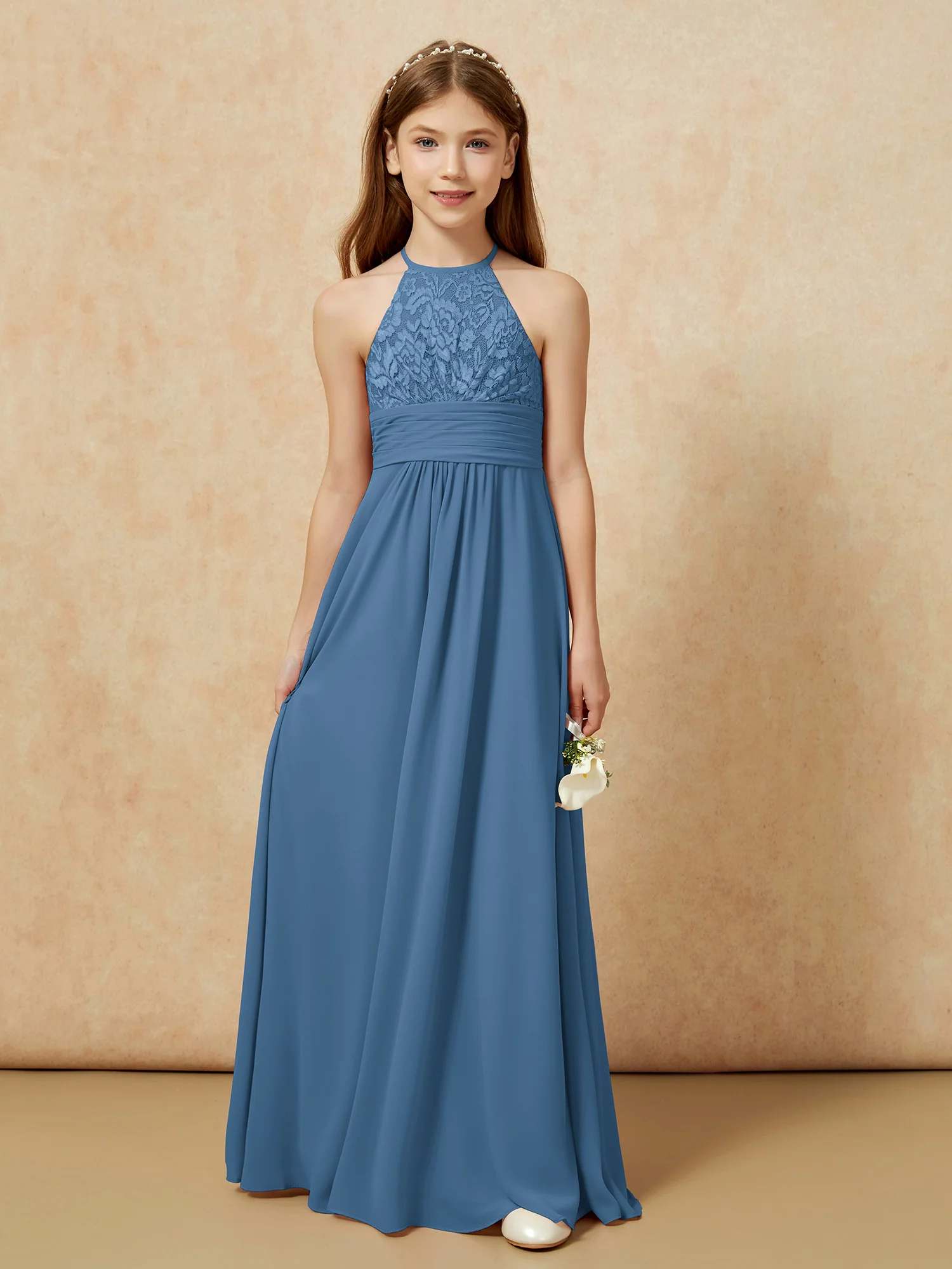 Halter Neck Lace Top Chiffon Junior Bridesmaid Dress Slate Blue - Image 7