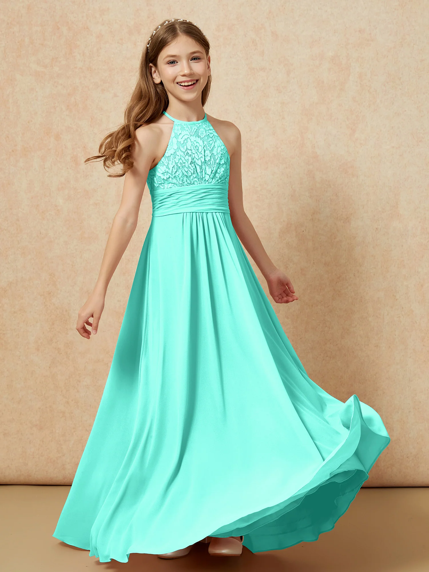 Halter Neck Lace Top Chiffon Junior Bridesmaid Dress Spa - Image 4