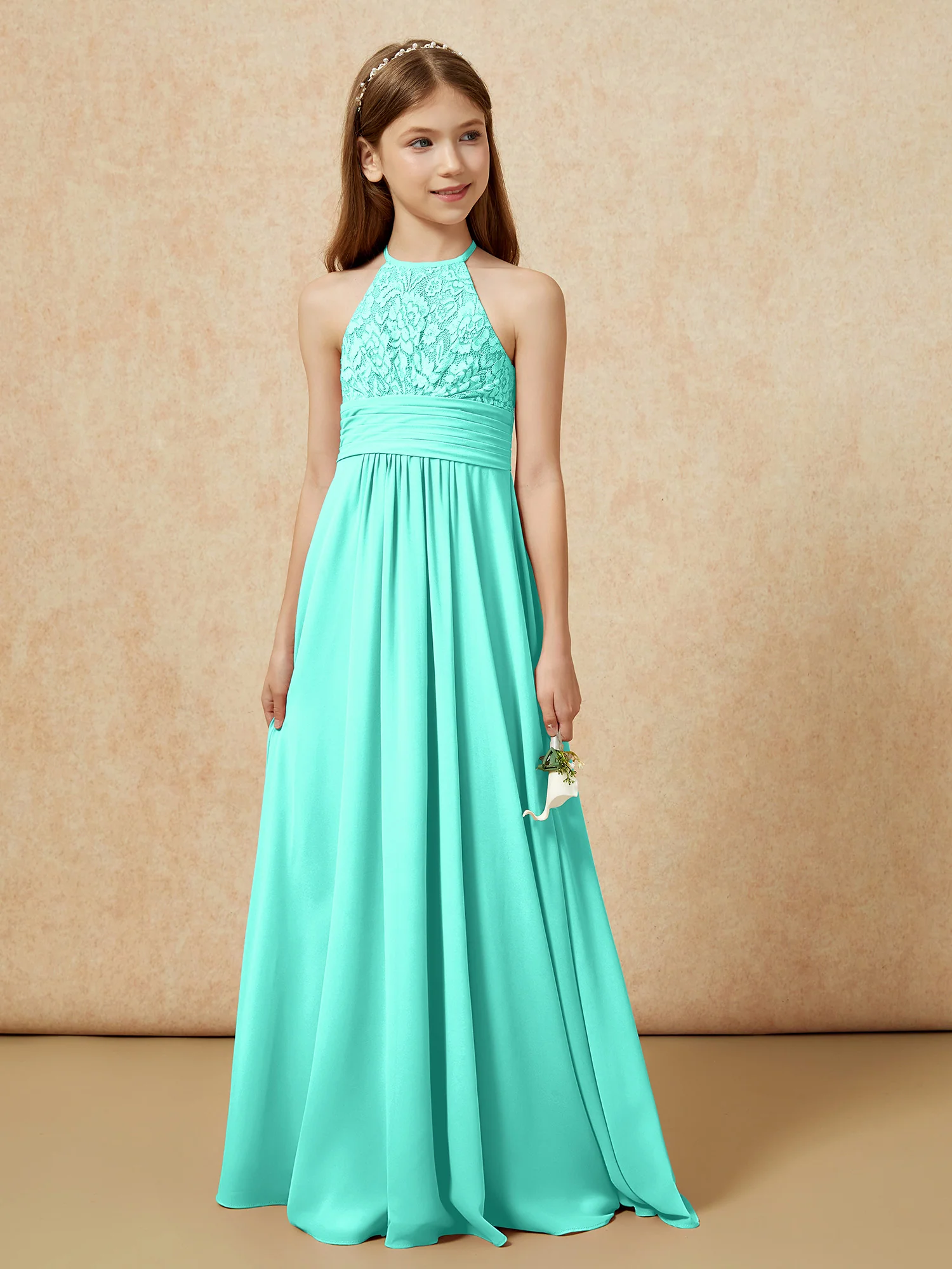 Halter Neck Lace Top Chiffon Junior Bridesmaid Dress Spa - Image 5