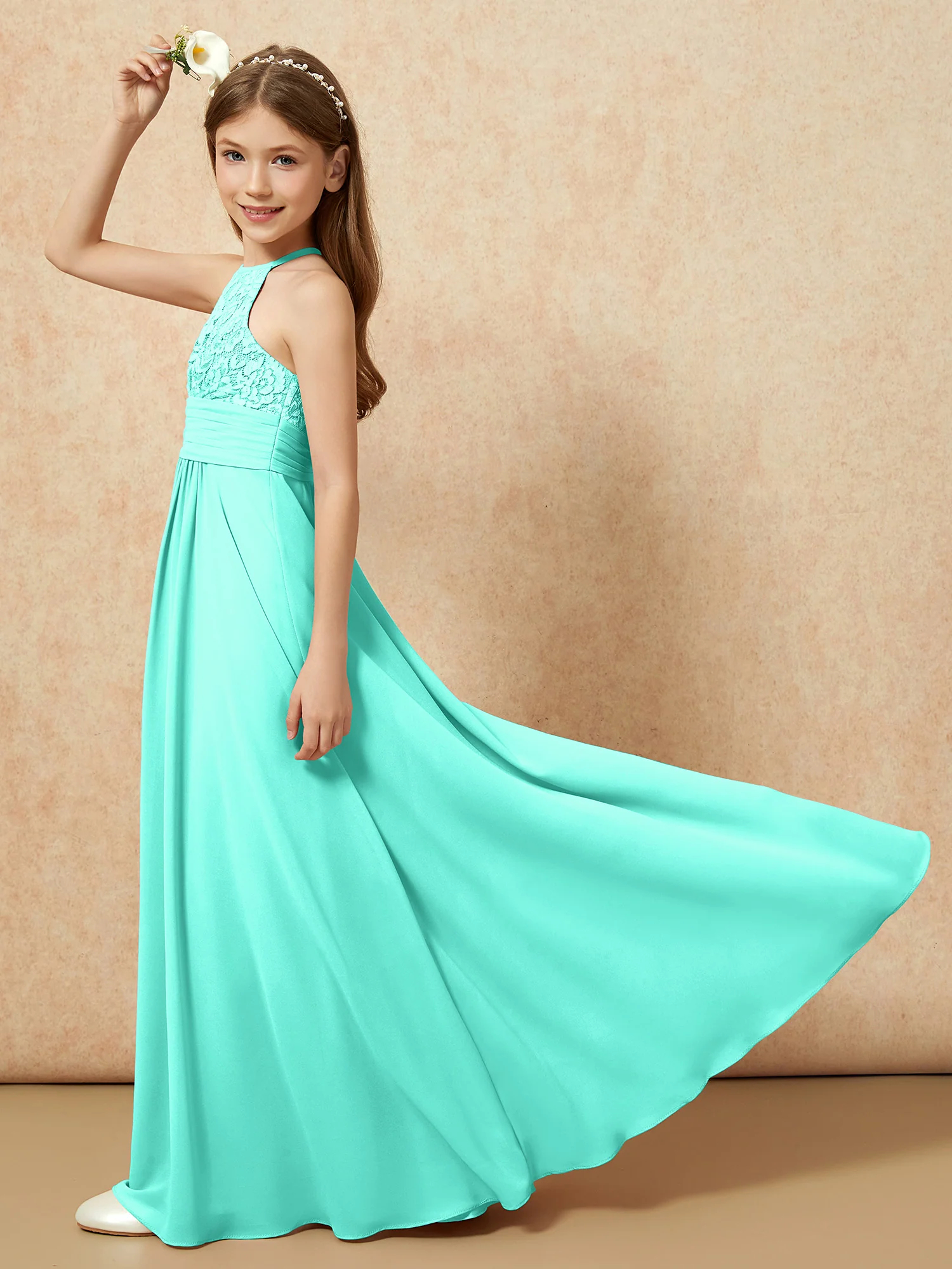 Halter Neck Lace Top Chiffon Junior Bridesmaid Dress Spa - Image 6