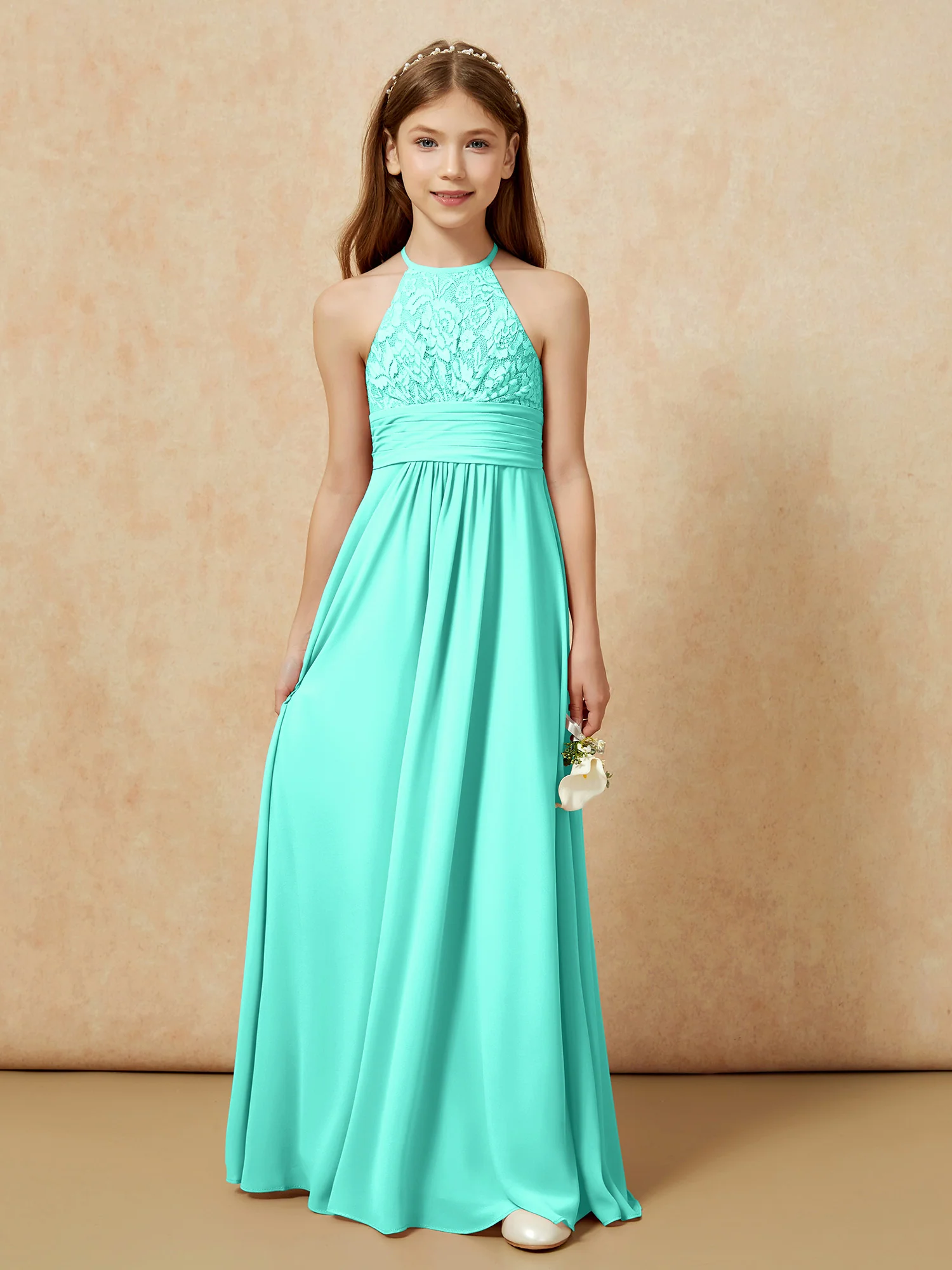 Halter Neck Lace Top Chiffon Junior Bridesmaid Dress Spa - Image 7