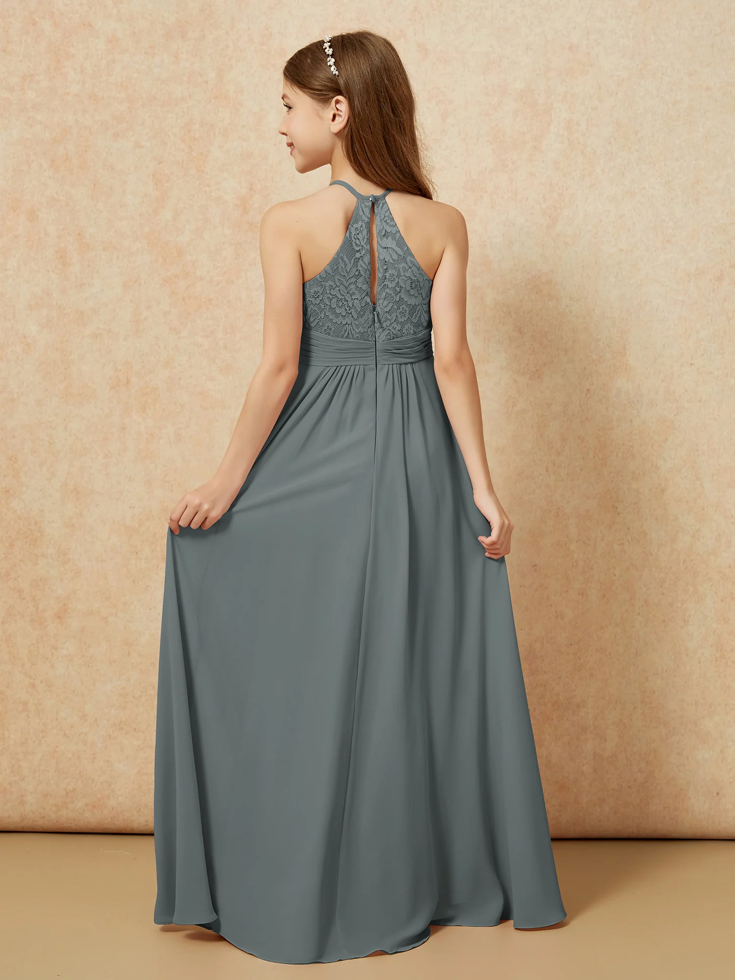 Halter Neck Lace Top Chiffon Junior Bridesmaid Dress Steel Grey - Image 2