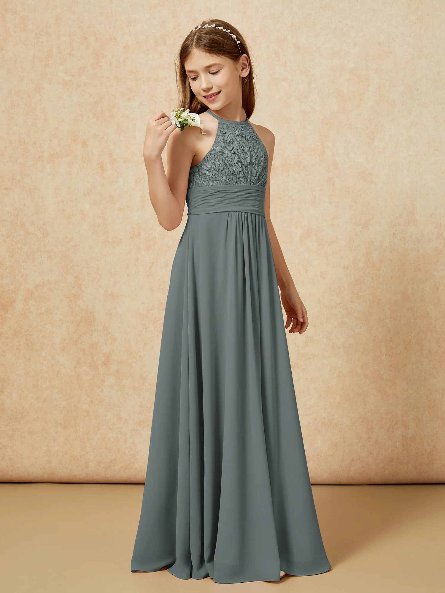 Halter Neck Lace Top Chiffon Junior Bridesmaid Dress Steel Grey - Image 3