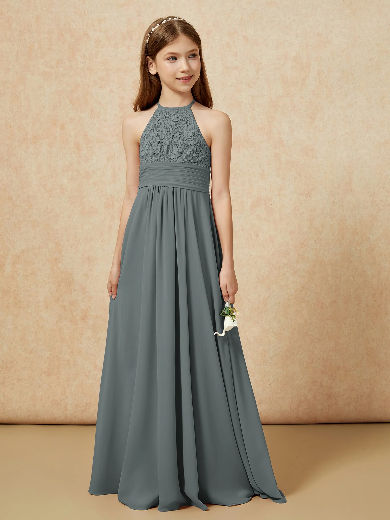 Halter Neck Lace Top Chiffon Junior Bridesmaid Dress Steel Grey - Image 5