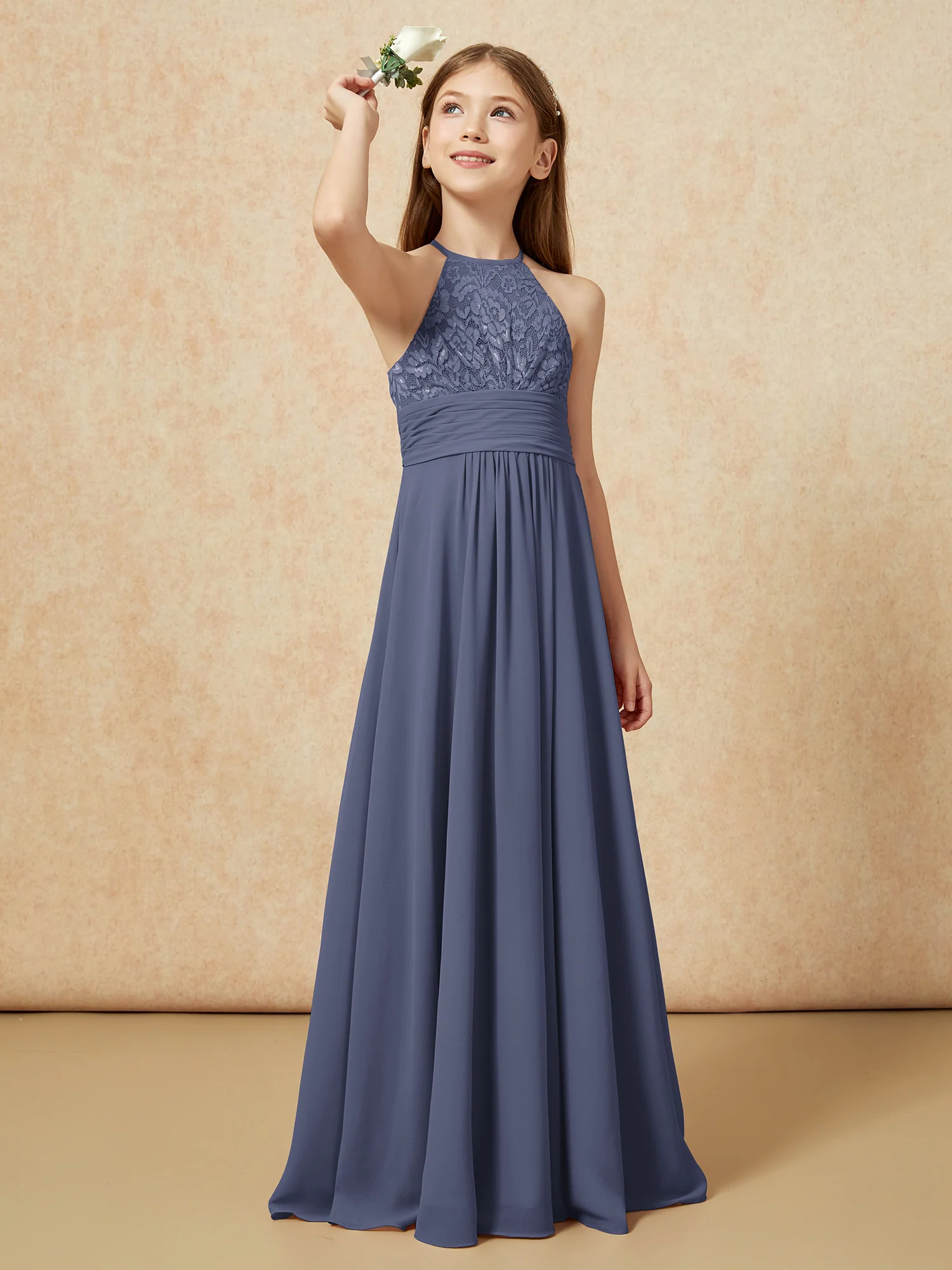 Halter Neck Lace Top Chiffon Junior Bridesmaid Dress Stormy