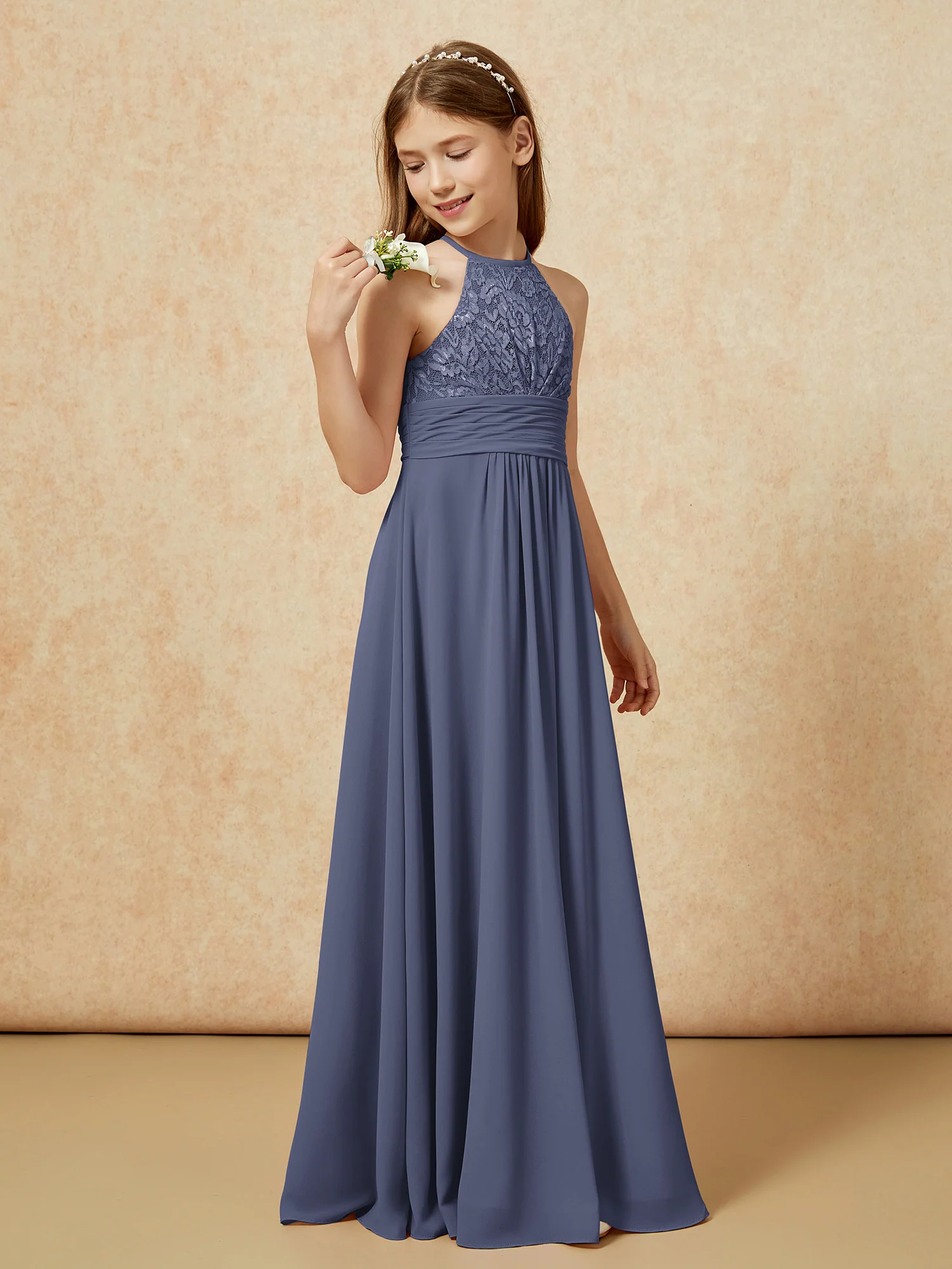 Halter Neck Lace Top Chiffon Junior Bridesmaid Dress Stormy - Image 3