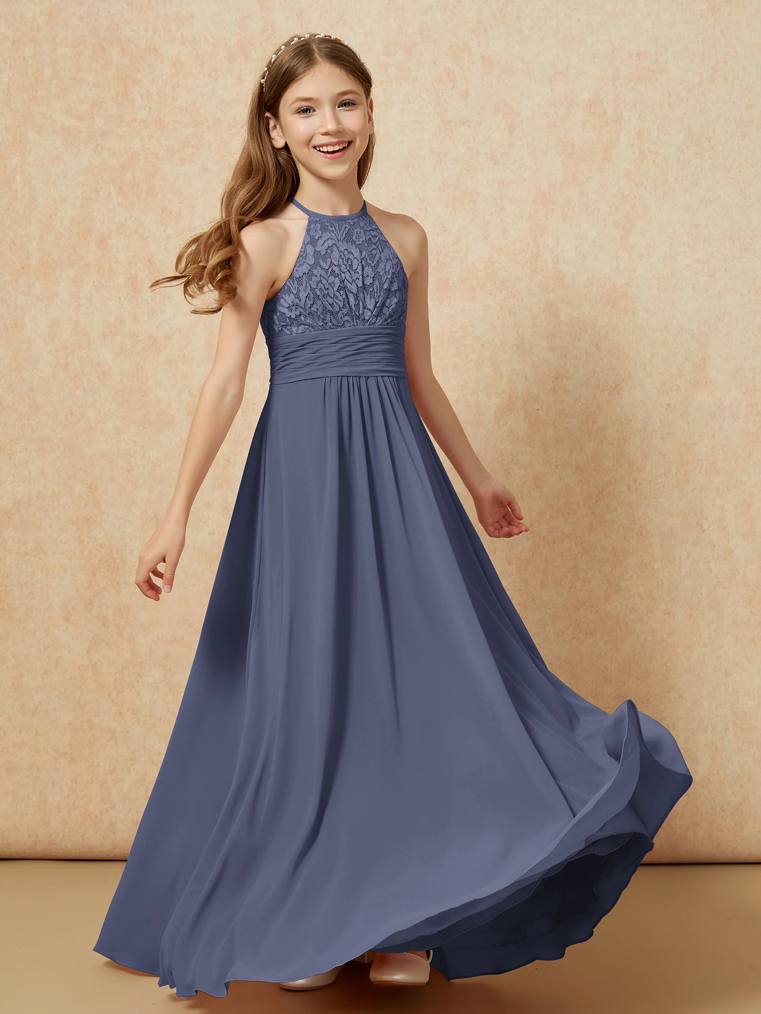 Halter Neck Lace Top Chiffon Junior Bridesmaid Dress Stormy - Image 4