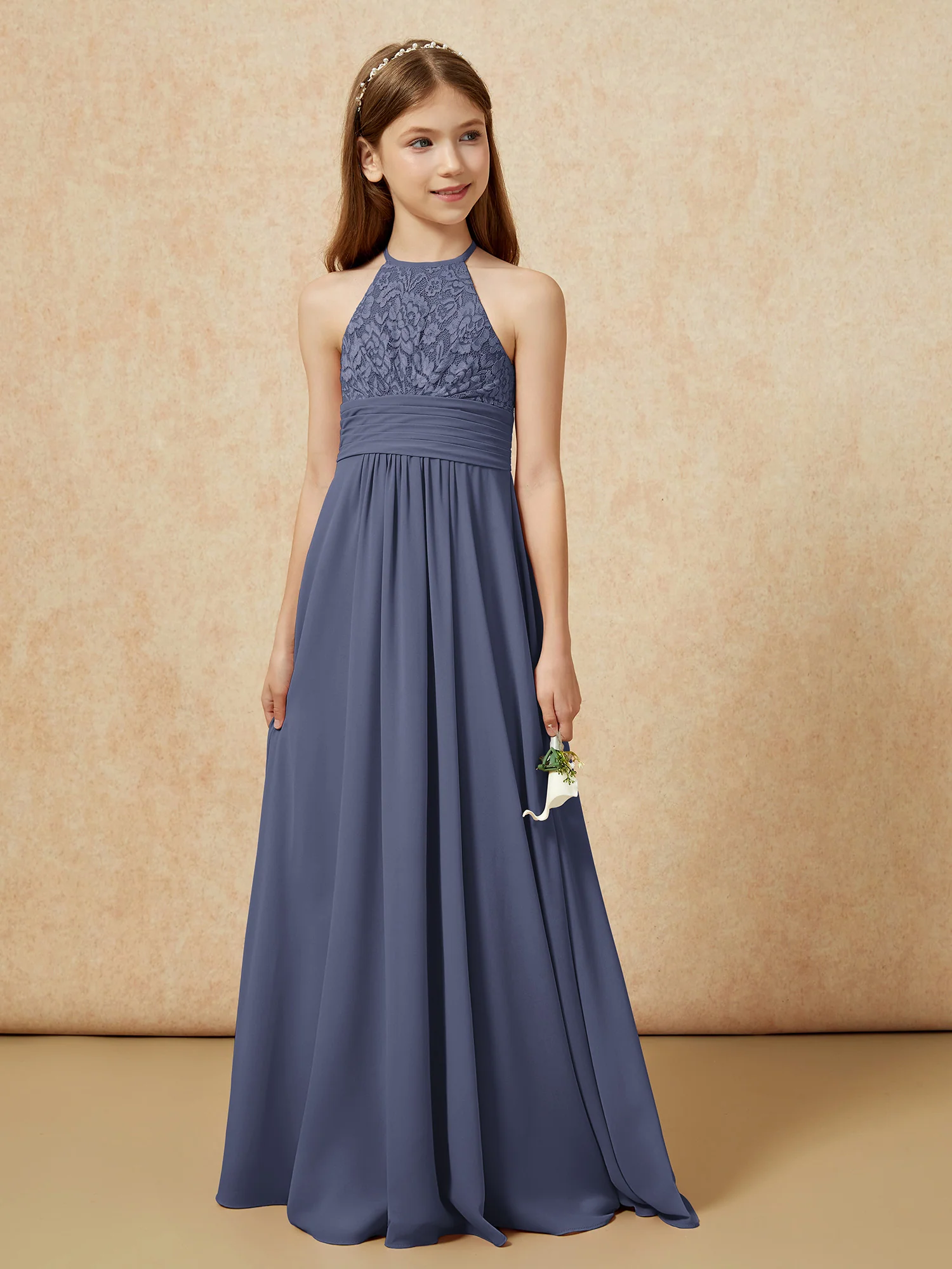Halter Neck Lace Top Chiffon Junior Bridesmaid Dress Stormy - Image 5