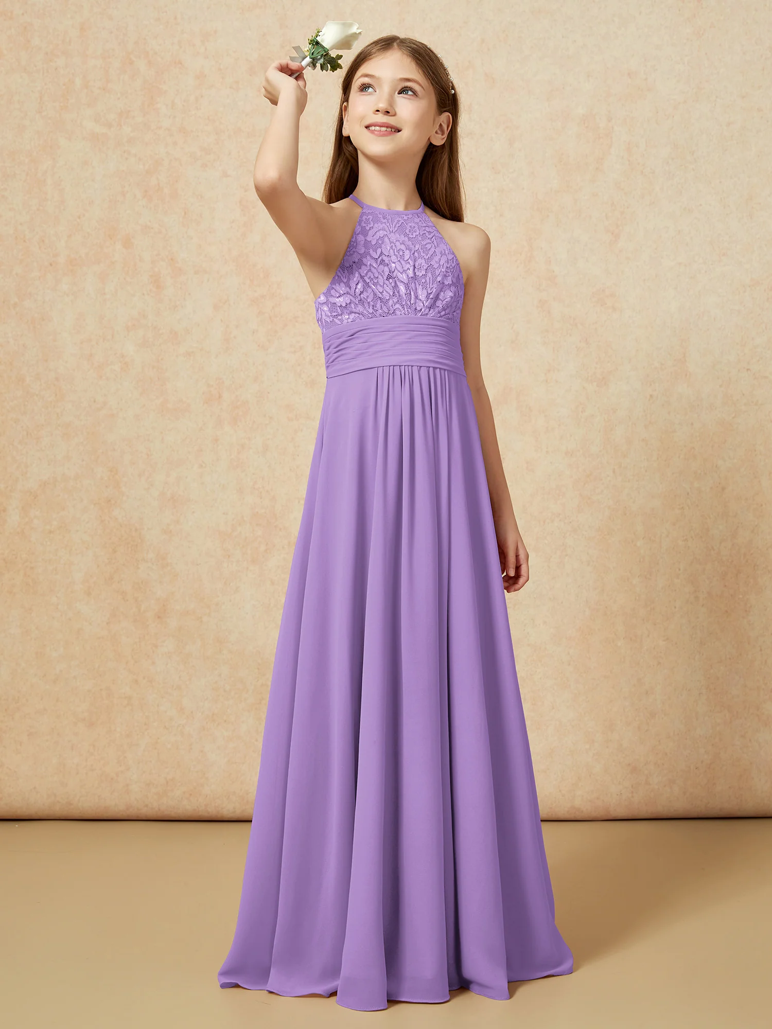 Halter Neck Lace Top Chiffon Junior Bridesmaid Dress Tahiti