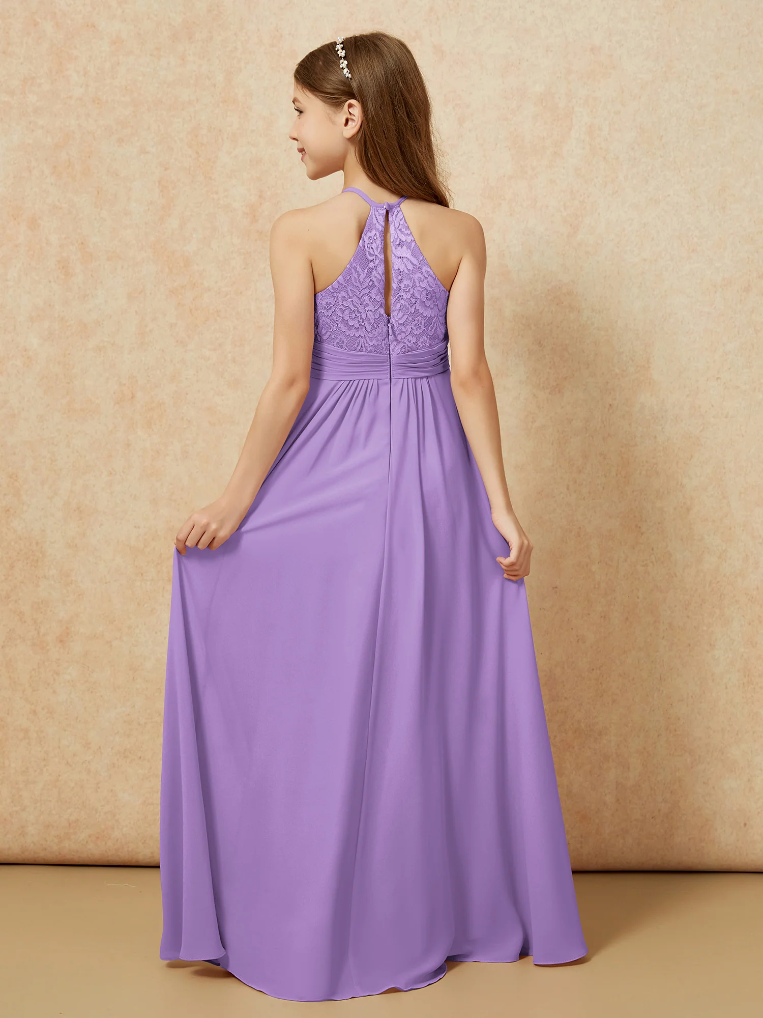 Halter Neck Lace Top Chiffon Junior Bridesmaid Dress Tahiti - Image 2