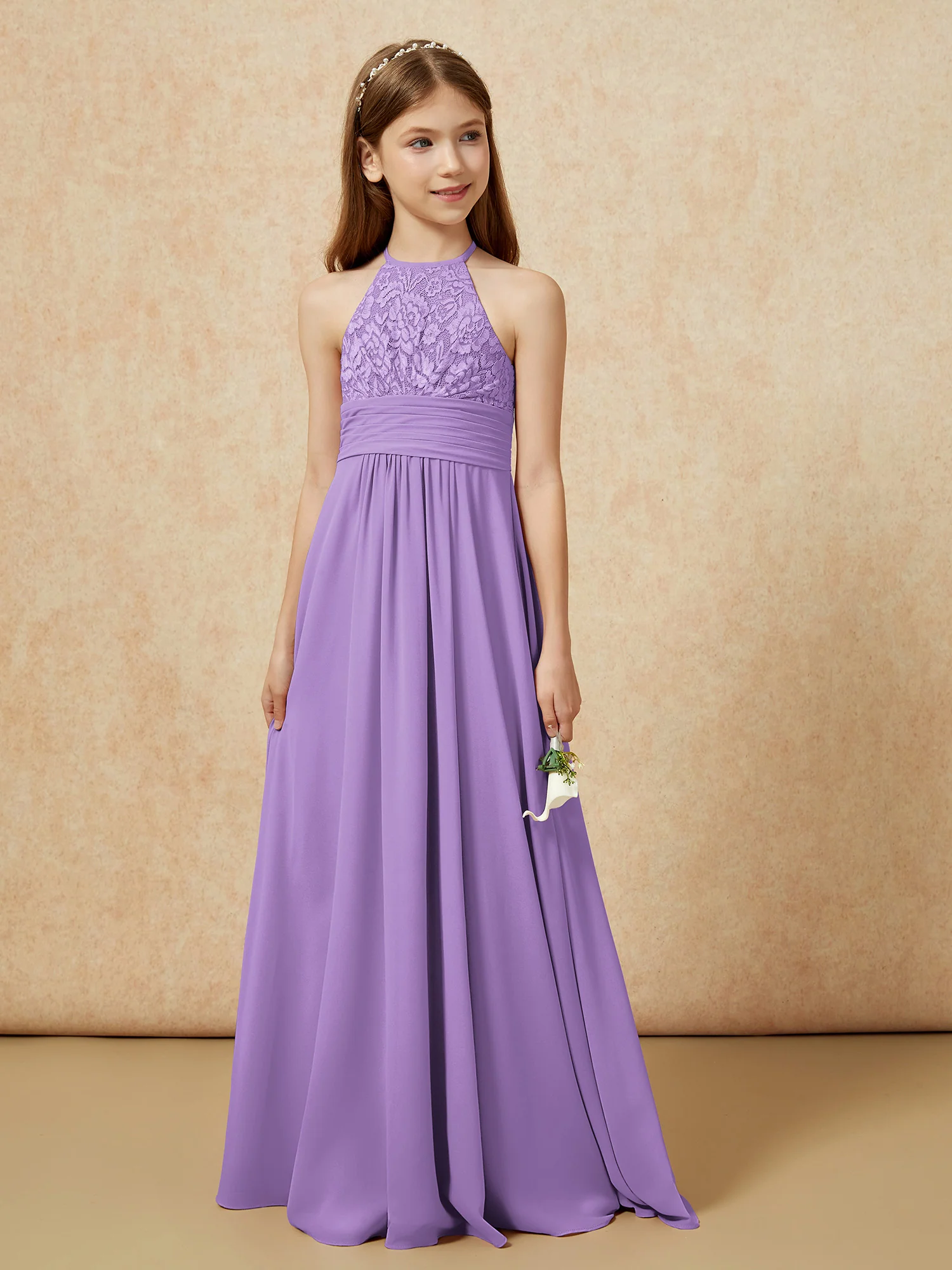 Halter Neck Lace Top Chiffon Junior Bridesmaid Dress Tahiti - Image 5