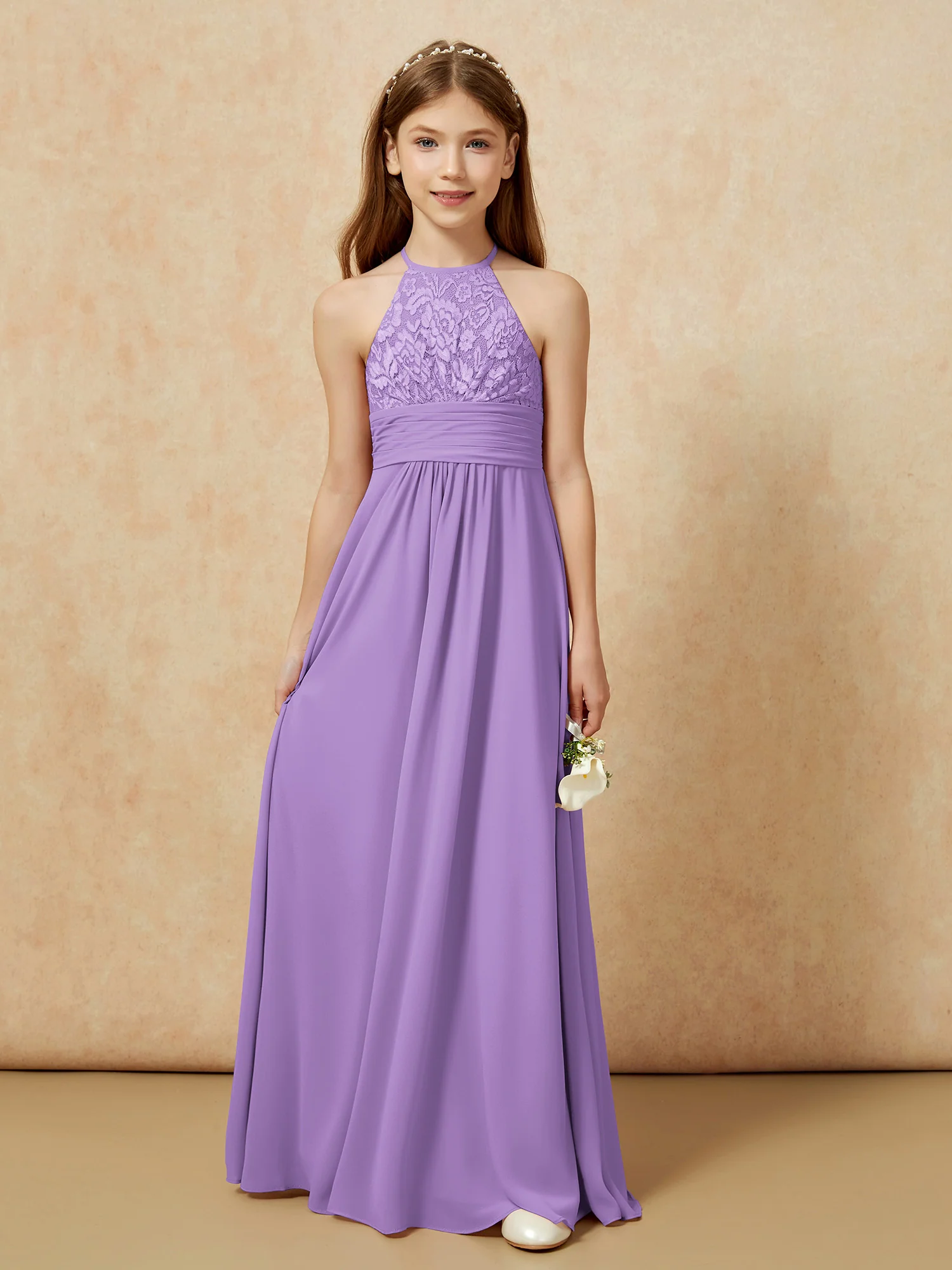 Halter Neck Lace Top Chiffon Junior Bridesmaid Dress Tahiti - Image 7
