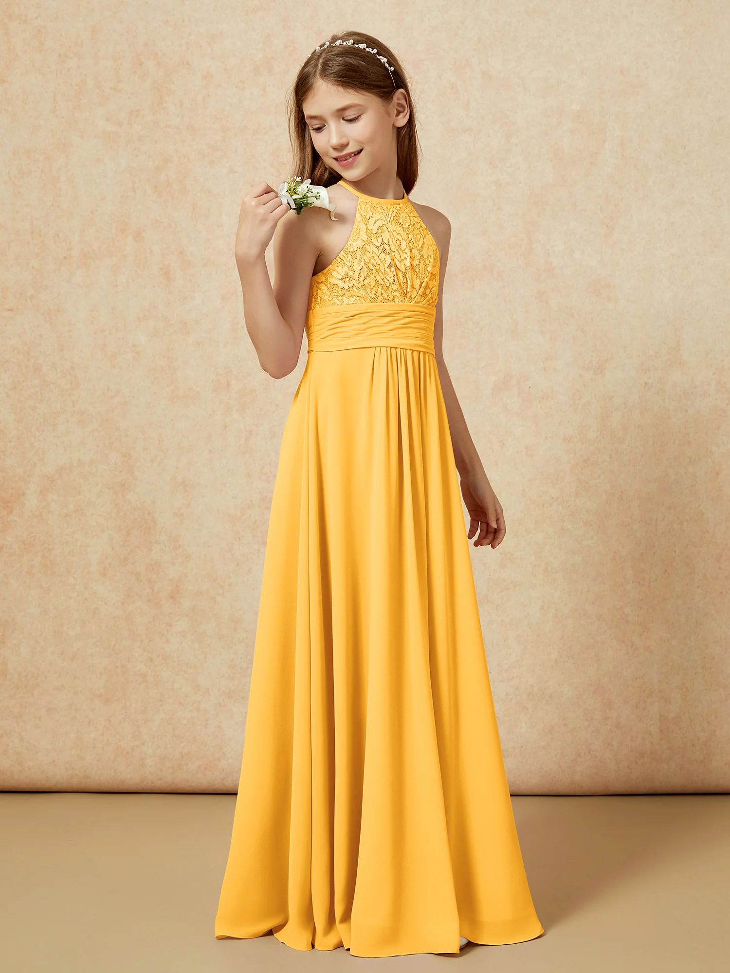 Halter Neck Lace Top Chiffon Junior Bridesmaid Dress Tangerine - Image 3