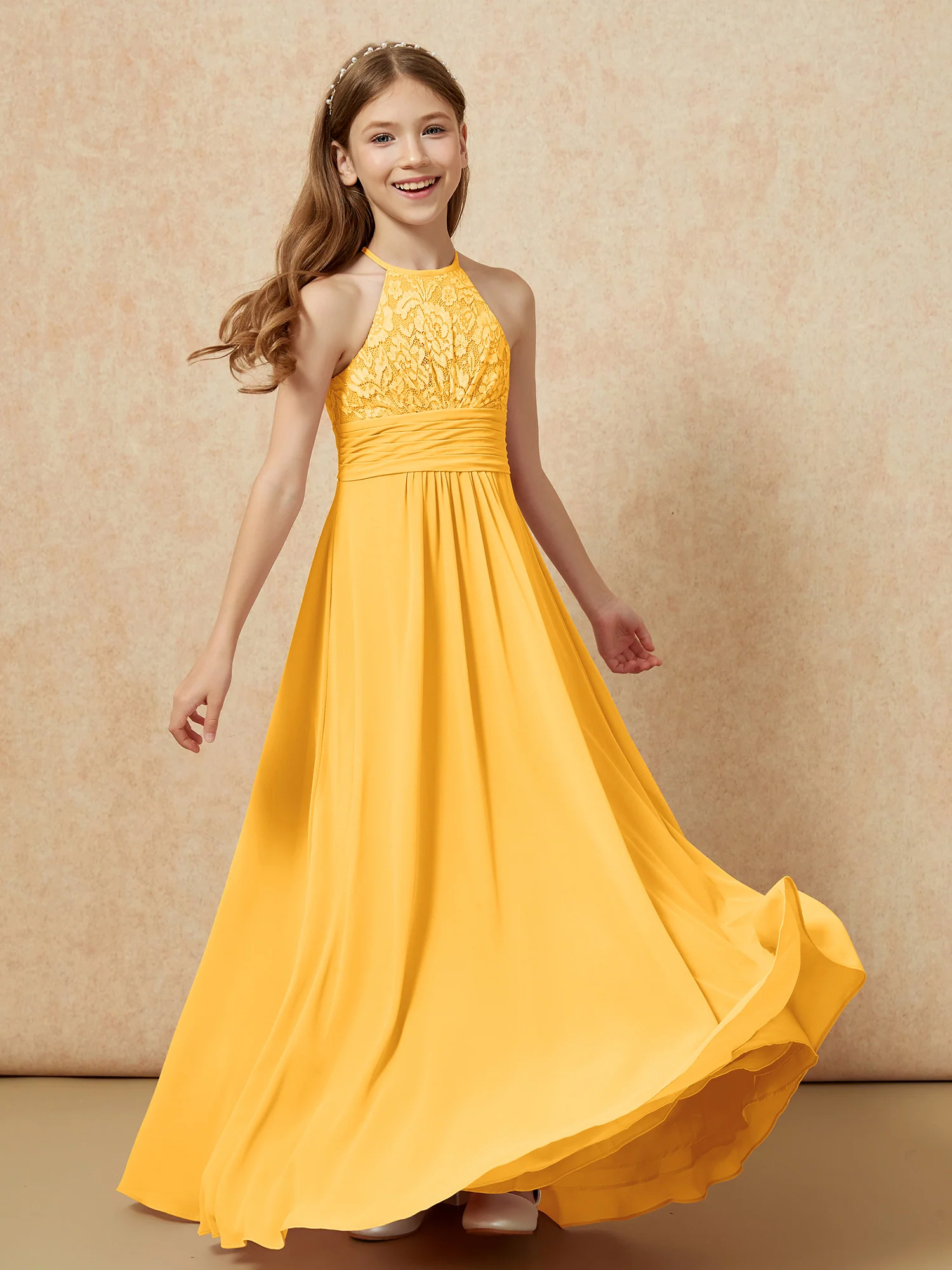 Halter Neck Lace Top Chiffon Junior Bridesmaid Dress Tangerine - Image 4
