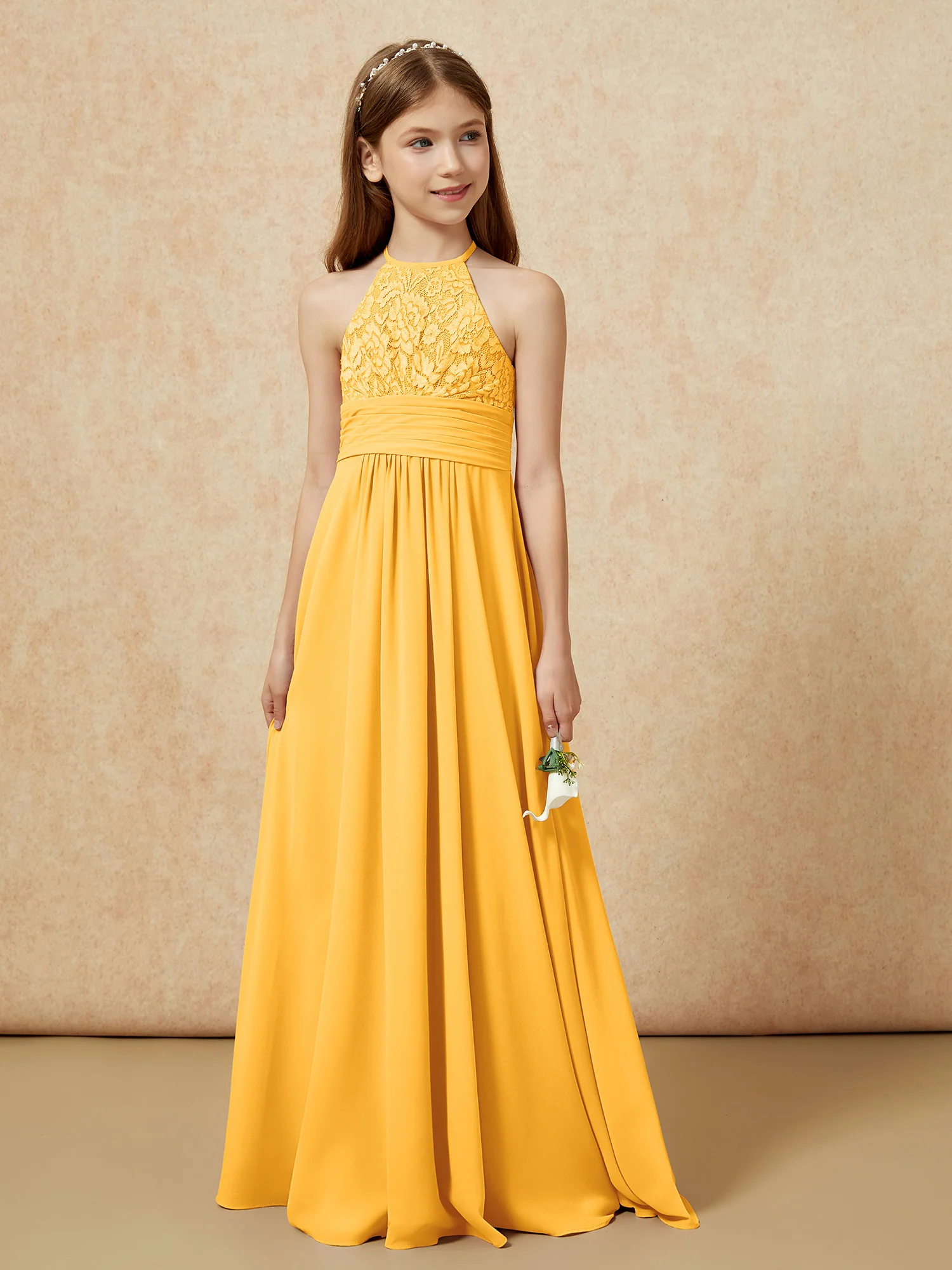 Halter Neck Lace Top Chiffon Junior Bridesmaid Dress Tangerine - Image 5