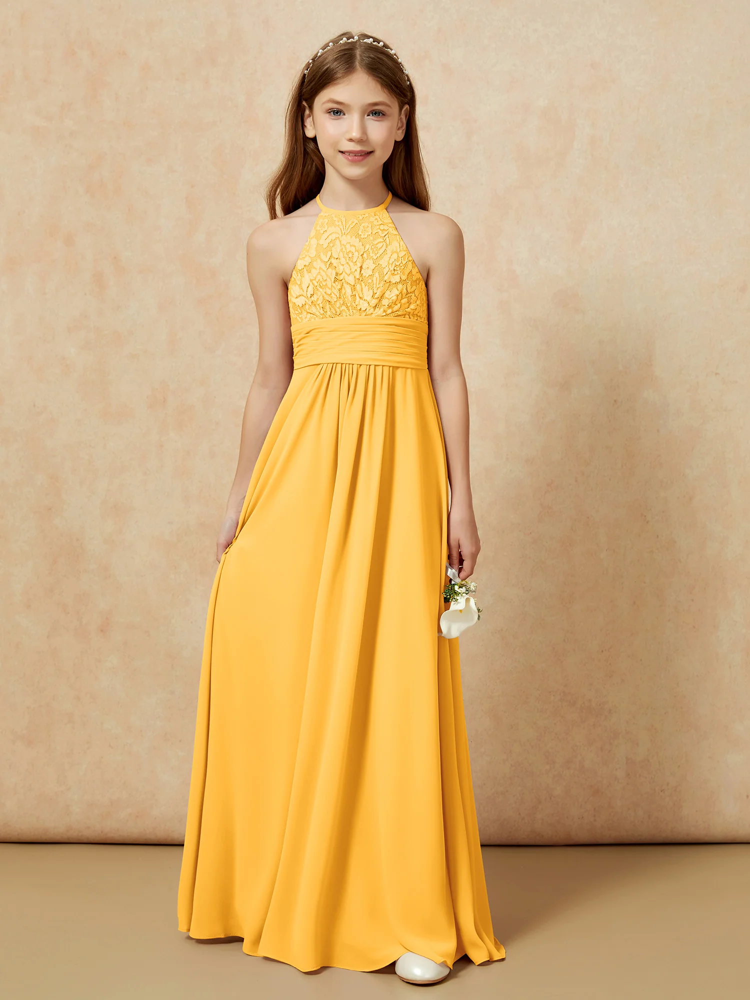 Halter Neck Lace Top Chiffon Junior Bridesmaid Dress Tangerine - Image 7
