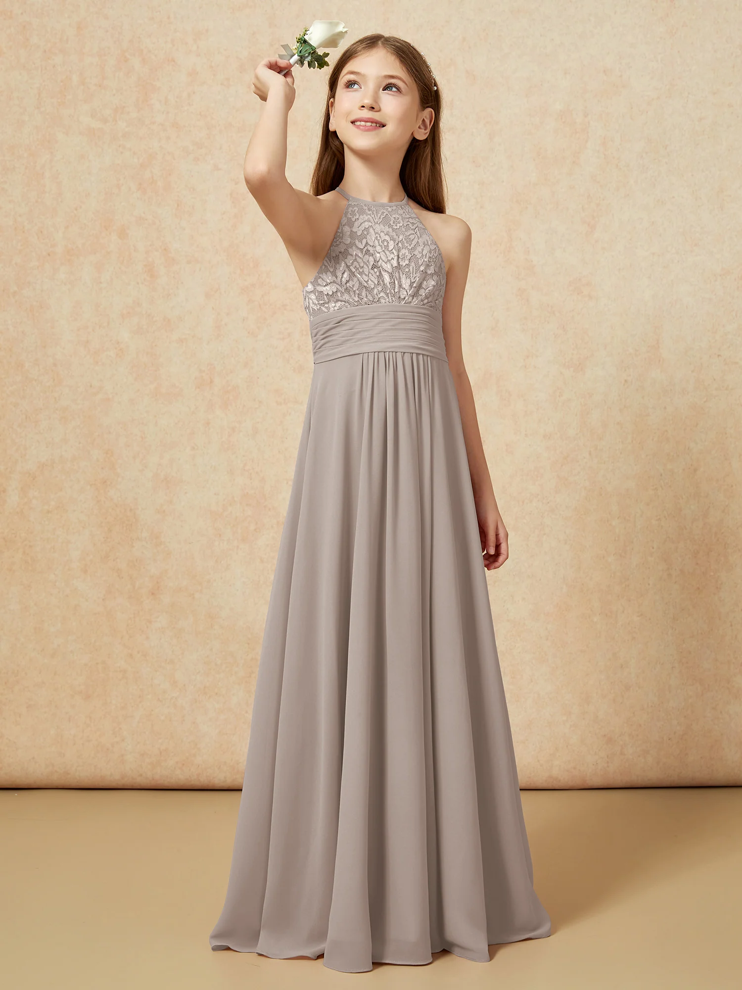 Halter Neck Lace Top Chiffon Junior Bridesmaid Dress Taupe