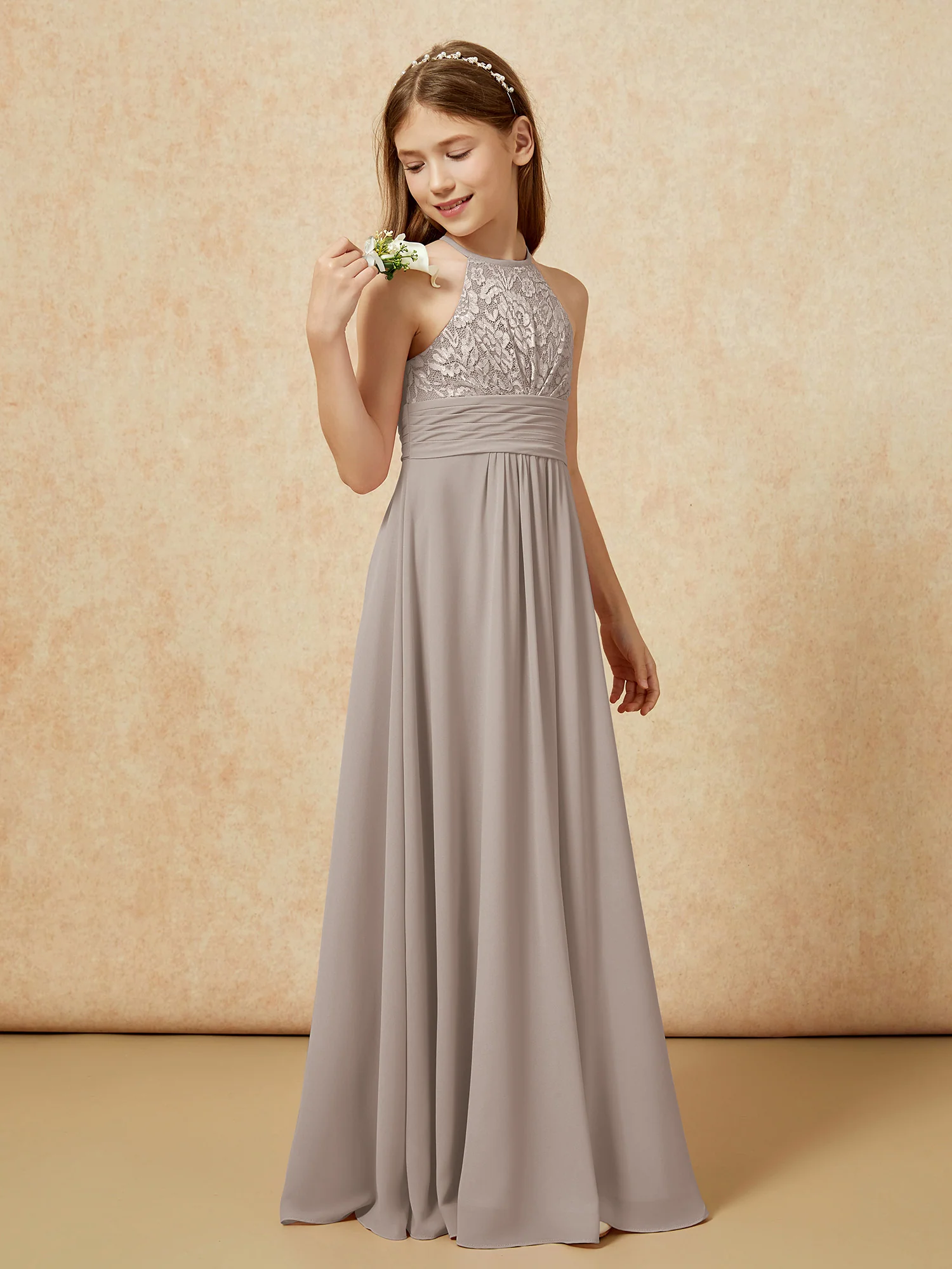 Halter Neck Lace Top Chiffon Junior Bridesmaid Dress Taupe - Image 3