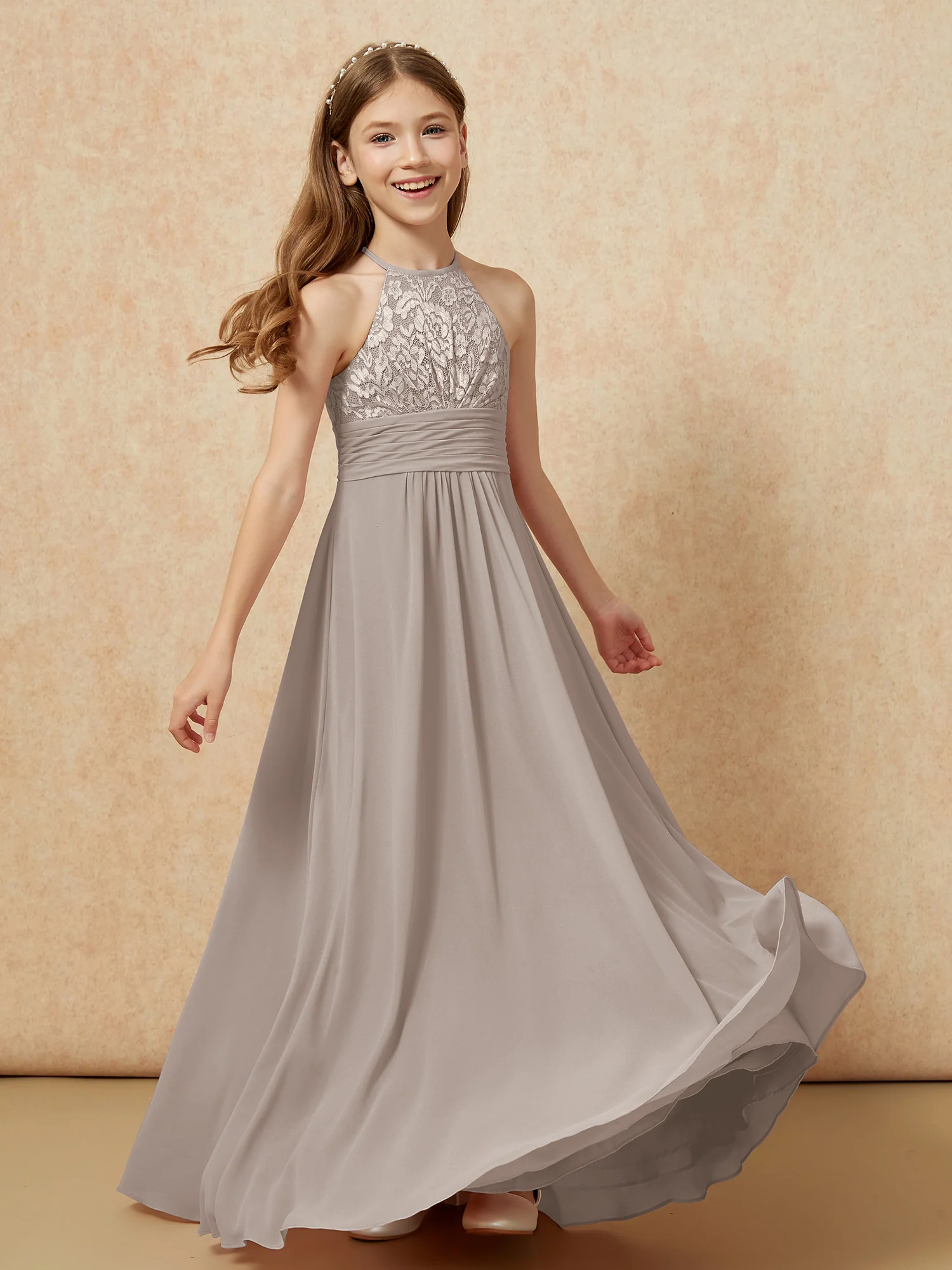 Halter Neck Lace Top Chiffon Junior Bridesmaid Dress Taupe - Image 4