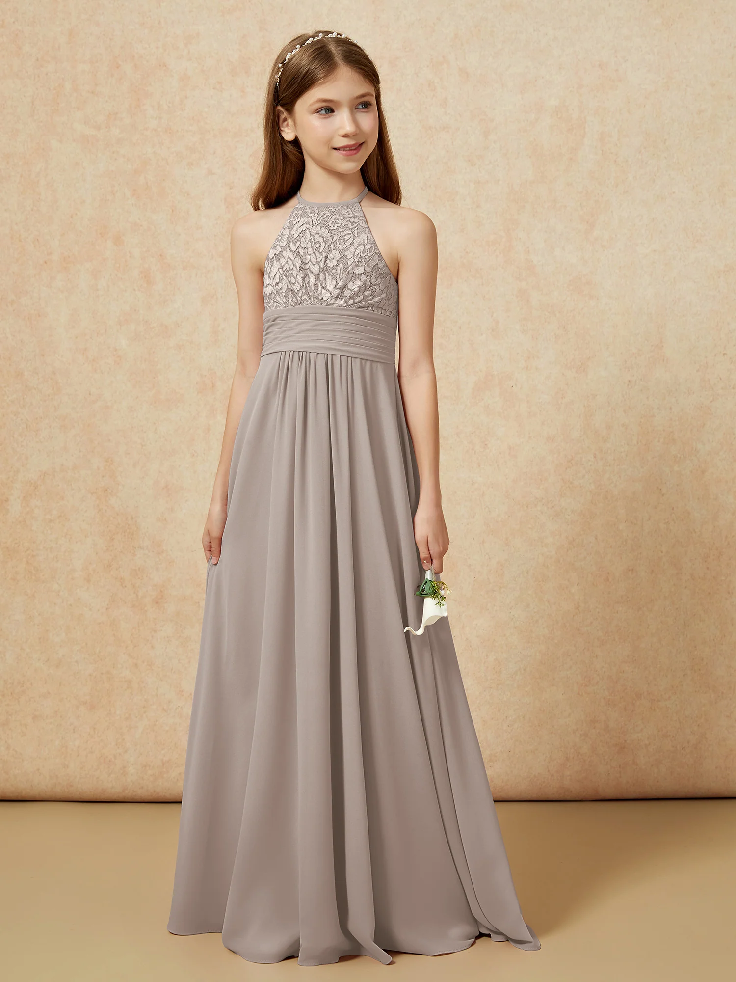 Halter Neck Lace Top Chiffon Junior Bridesmaid Dress Taupe - Image 5