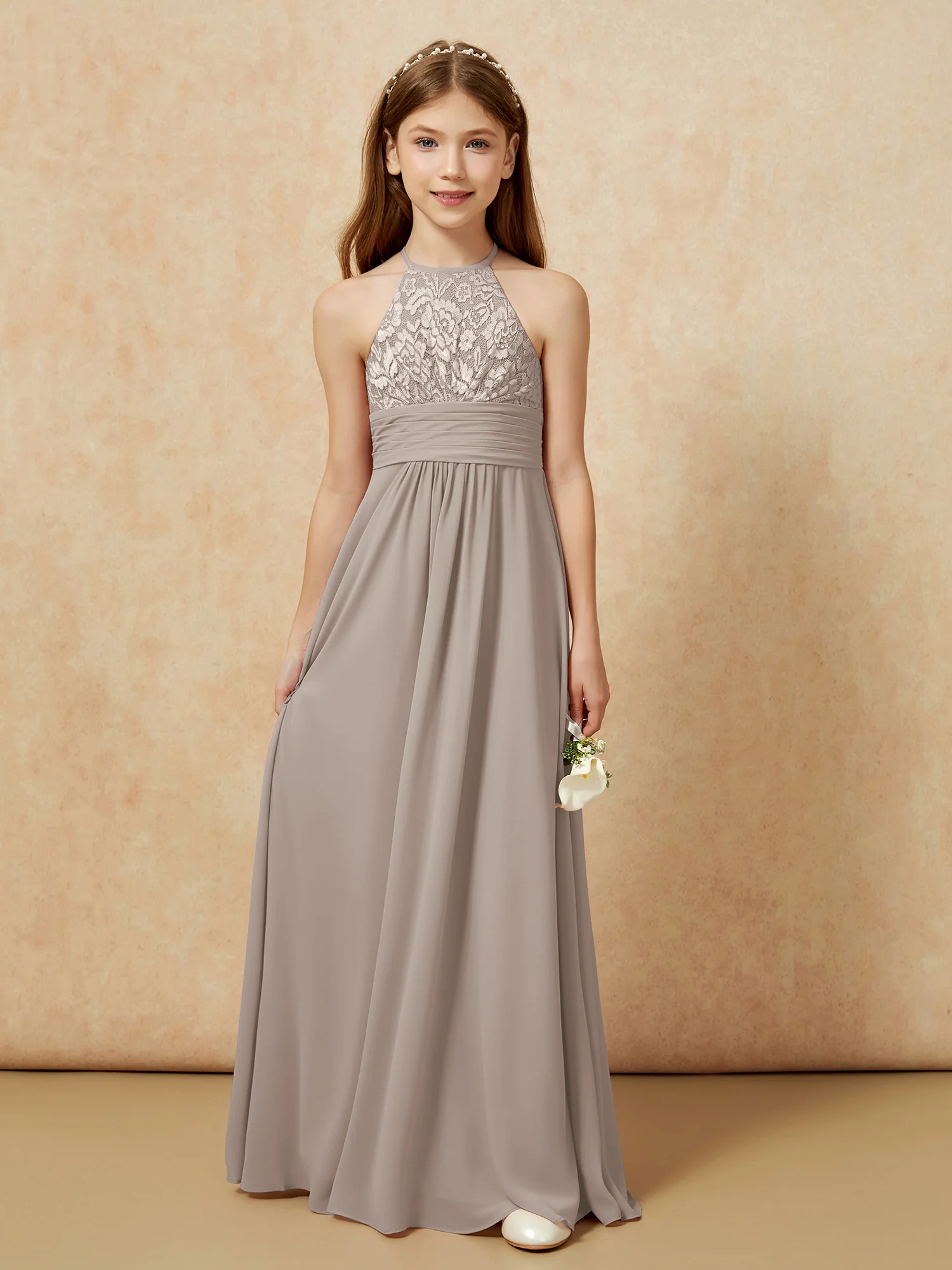Halter Neck Lace Top Chiffon Junior Bridesmaid Dress Taupe - Image 7