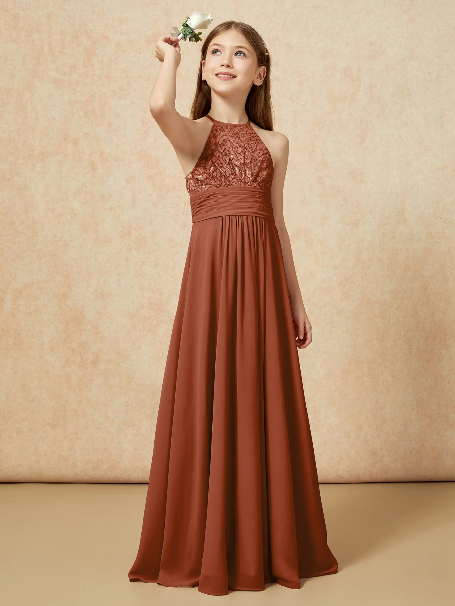 Halter Neck Lace Top Chiffon Junior Bridesmaid Dress Terracotta