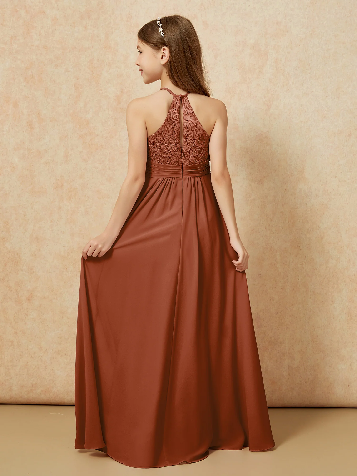 Halter Neck Lace Top Chiffon Junior Bridesmaid Dress Terracotta - Image 2