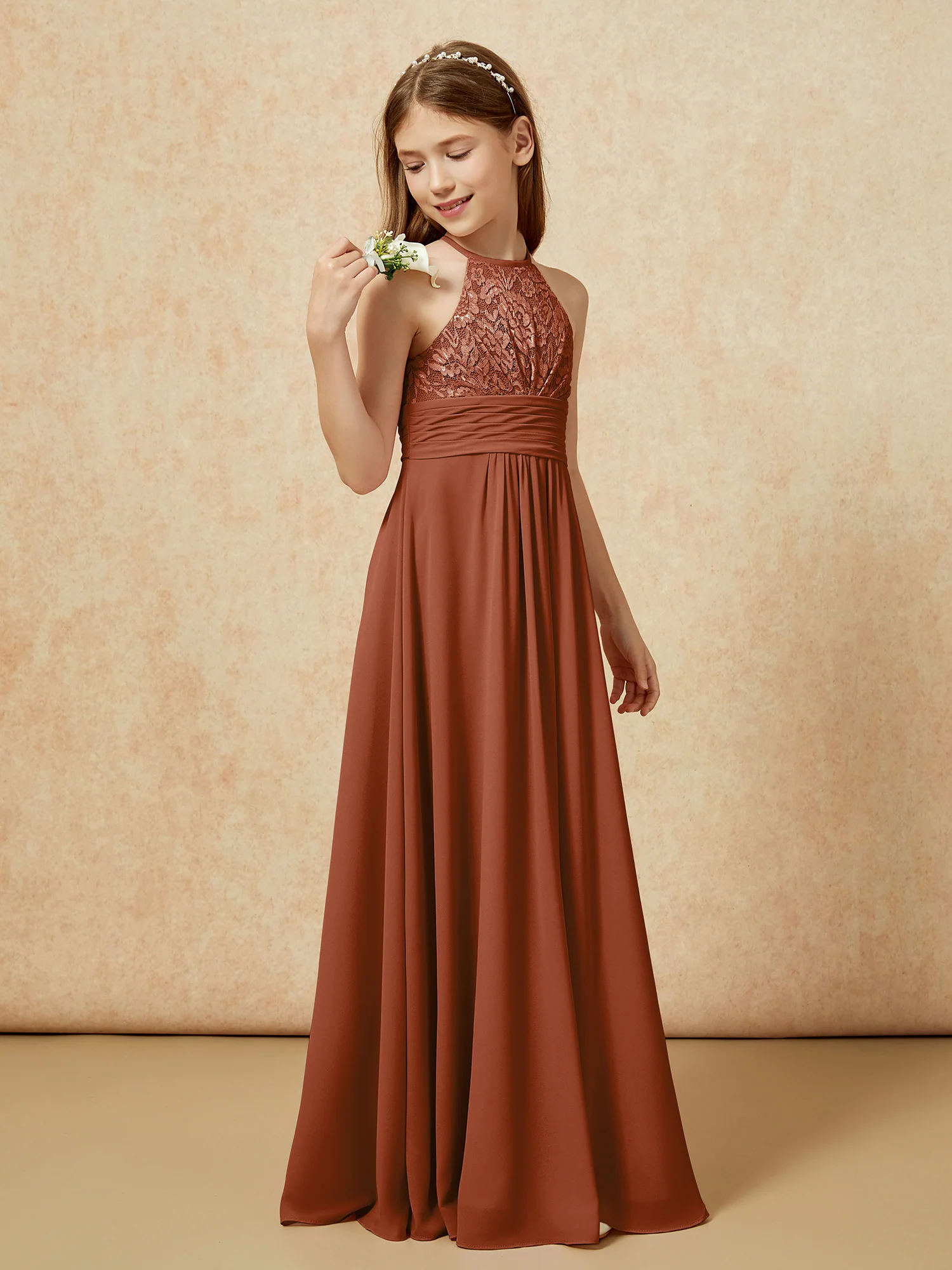 Halter Neck Lace Top Chiffon Junior Bridesmaid Dress Terracotta - Image 3