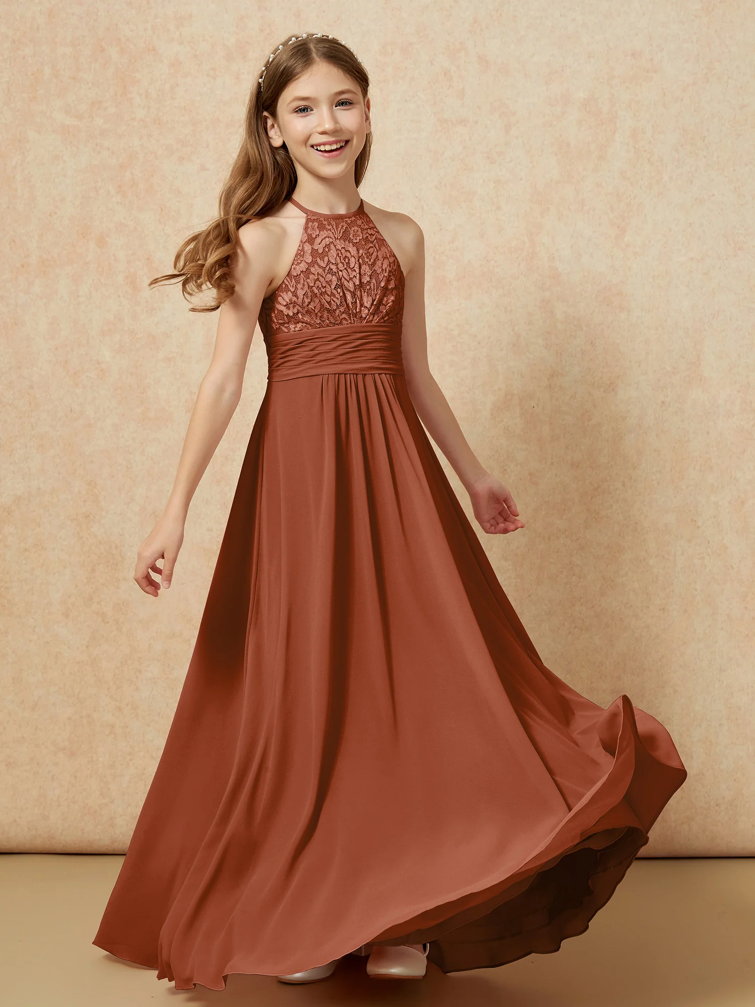 Halter Neck Lace Top Chiffon Junior Bridesmaid Dress Terracotta - Image 4