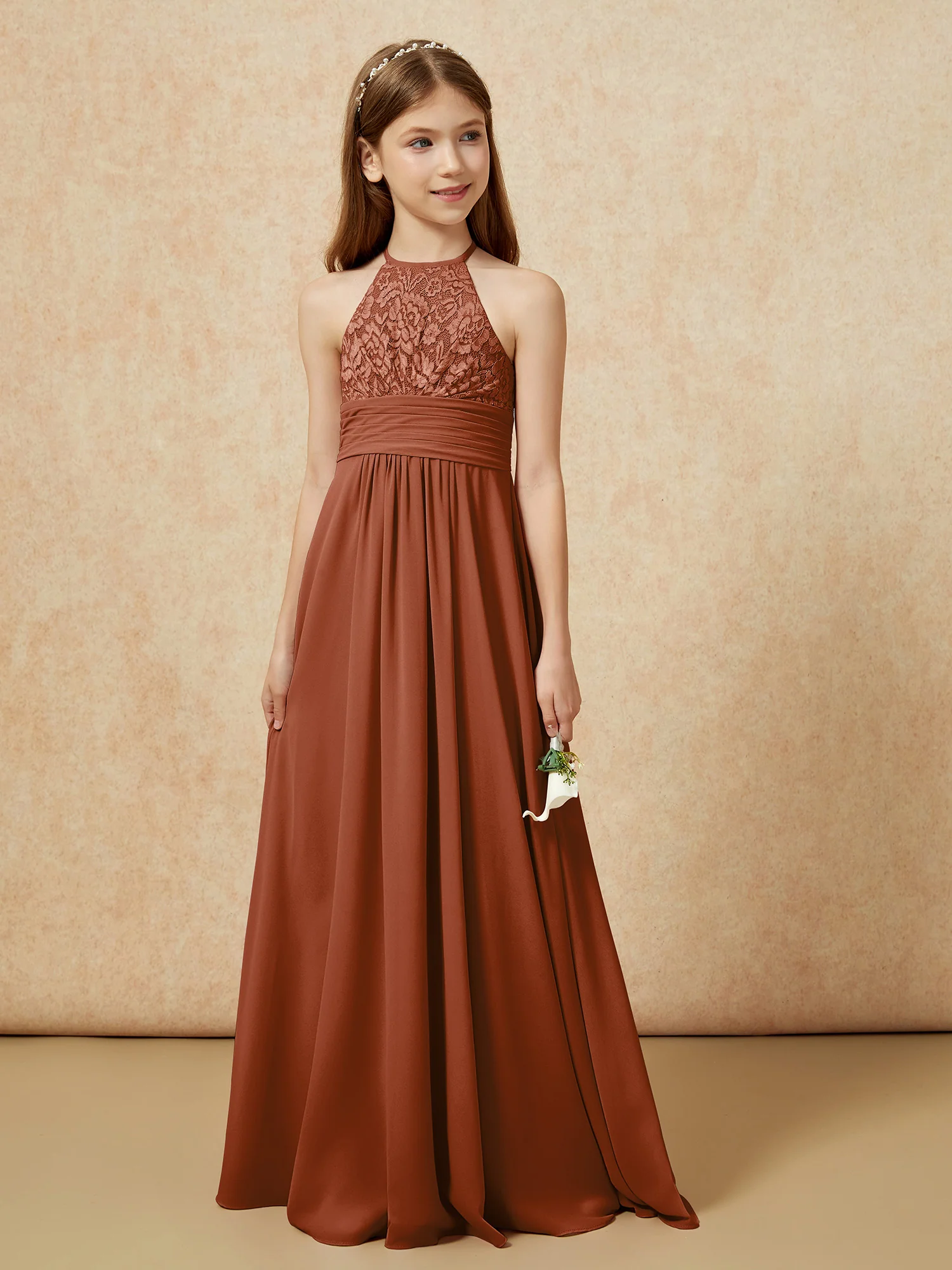 Halter Neck Lace Top Chiffon Junior Bridesmaid Dress Terracotta - Image 5