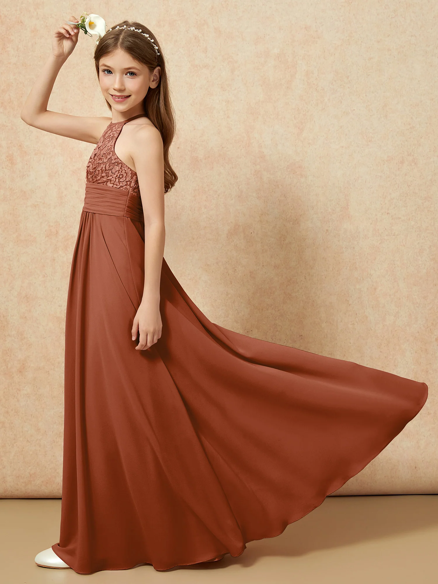 Halter Neck Lace Top Chiffon Junior Bridesmaid Dress Terracotta - Image 6