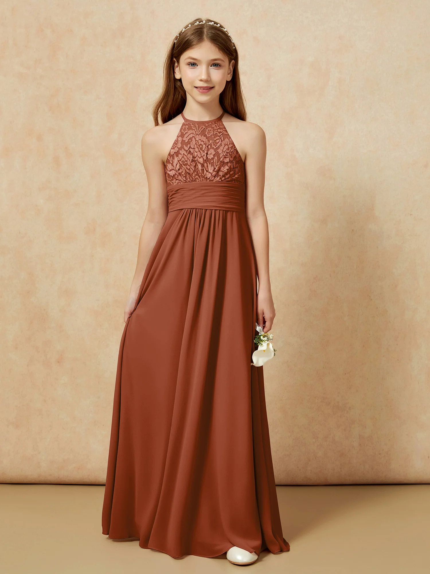 Halter Neck Lace Top Chiffon Junior Bridesmaid Dress Terracotta - Image 7