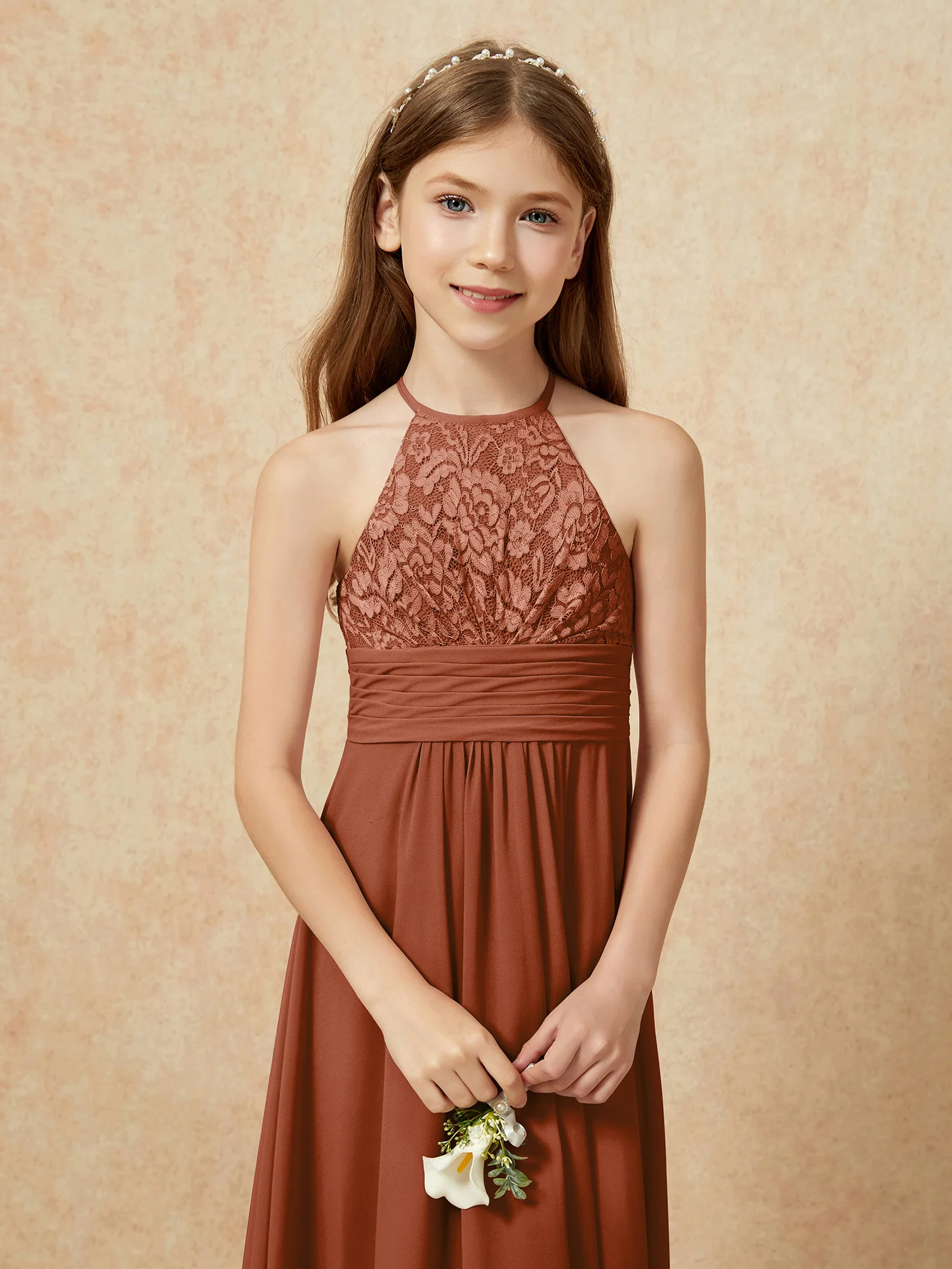 Halter Neck Lace Top Chiffon Junior Bridesmaid Dress Terracotta - Image 8