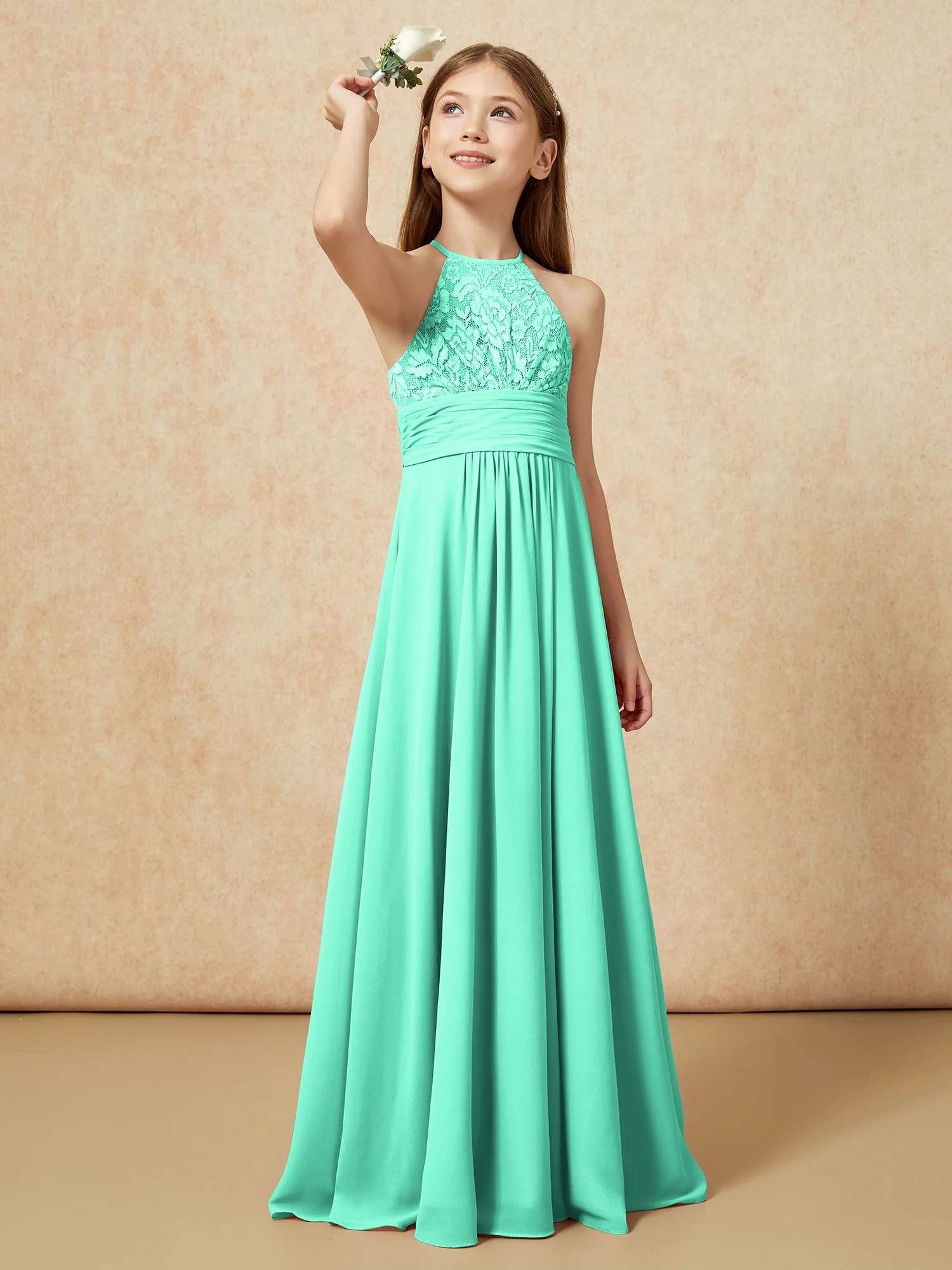 Halter Neck Lace Top Chiffon Junior Bridesmaid Dress Turquoise