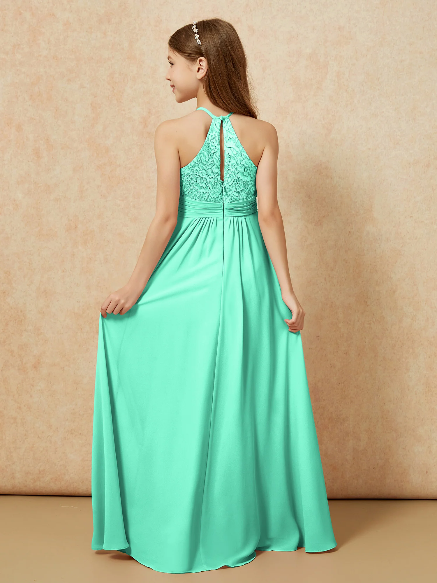 Halter Neck Lace Top Chiffon Junior Bridesmaid Dress Turquoise - Image 2