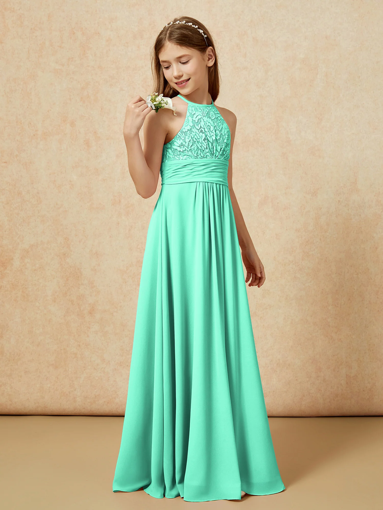 Halter Neck Lace Top Chiffon Junior Bridesmaid Dress Turquoise - Image 3